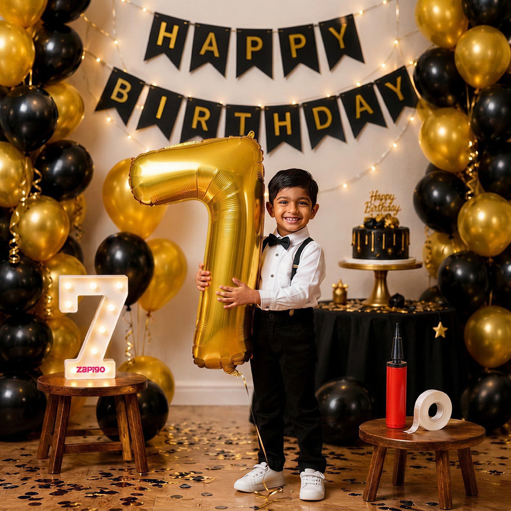 Balloonistics 7th Birthday Decoration Combo Kit - 40 Inch Gold Foil Number Balloon, LED Marquee Light, Black & Gold Balloons, Happy Birthday Banner, Balloon Pump & Glue Dots thumbnail 1