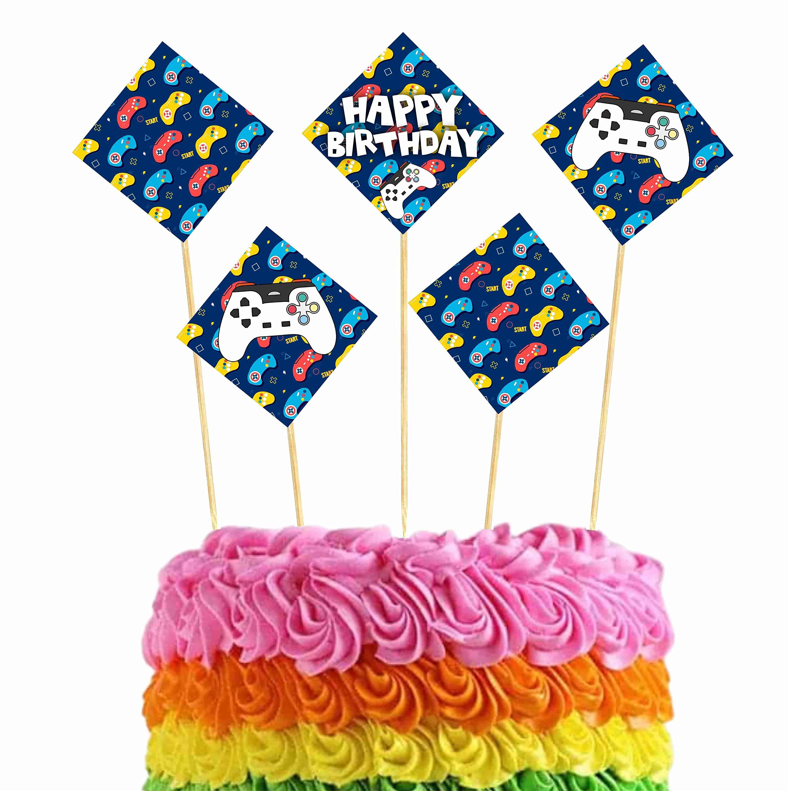 Balloonistics Video Game Theme Happy Birthday Cake Topper Set - Level Up Gaming Party Decorations, Double-Sided Cardstock Cake Inserts with Bamboo Sticks for Boys & Kids (Cake Topper - Pack of 10) thumbnail 1