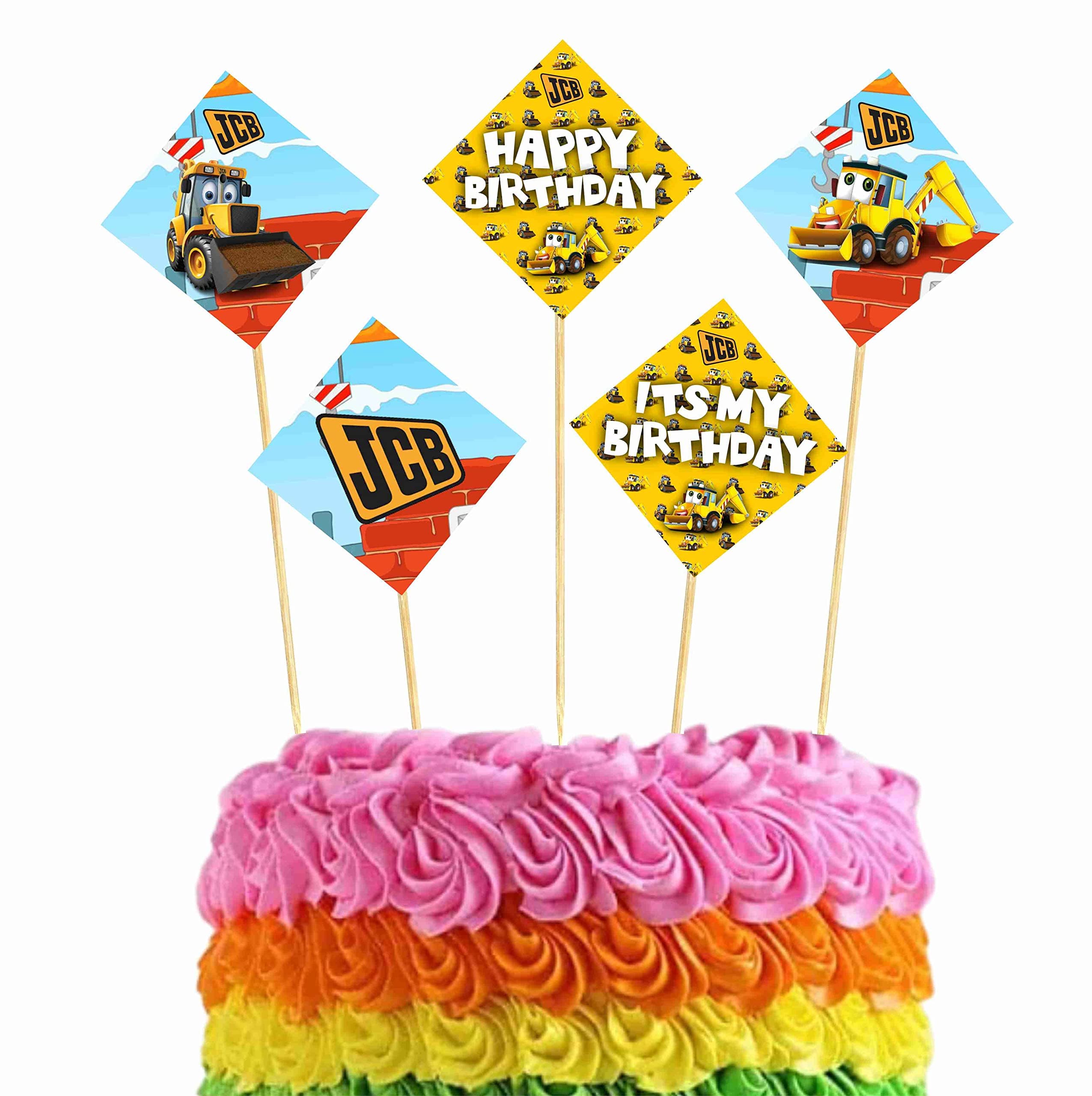 Balloonistics Little JCB Theme Happy Birthday Cake Toppers -Construction Site Decorations-Premium Cardstock Yellow Digger & Excavator Figures on Bamboo Sticks,(Cake Topper-Pack of 10) thumbnail 1