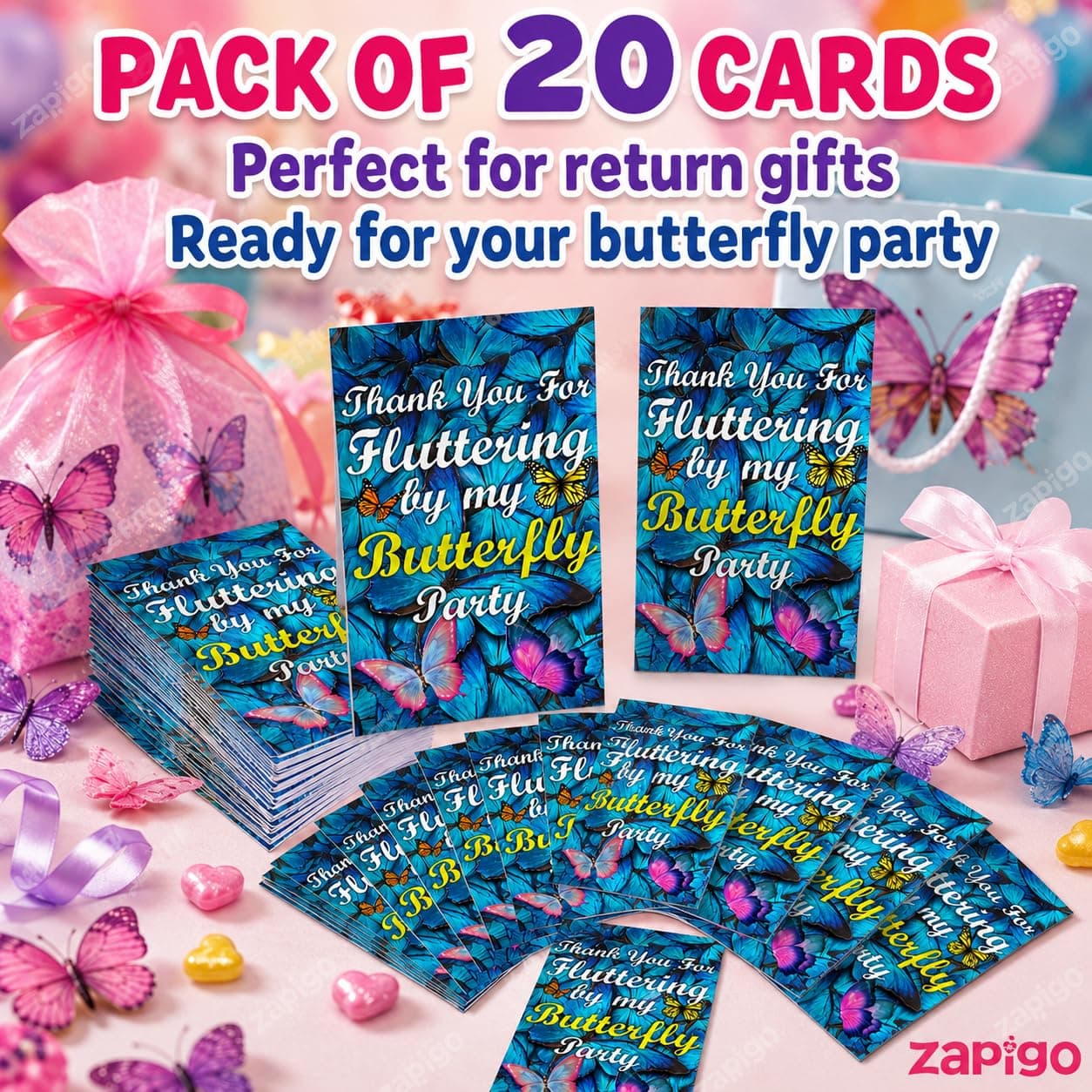 Balloonistics Butterfly Theme Birthday Thank You Cards - Pack of 20 Elegant "Fluttering" Note Cards with Envelopes - Double-Sided Cardstock Fill-in Appreciation Cards for Girls, Enchanted Garden Party Favors (Thank you Cards - Pack of 20) thumbnail 5