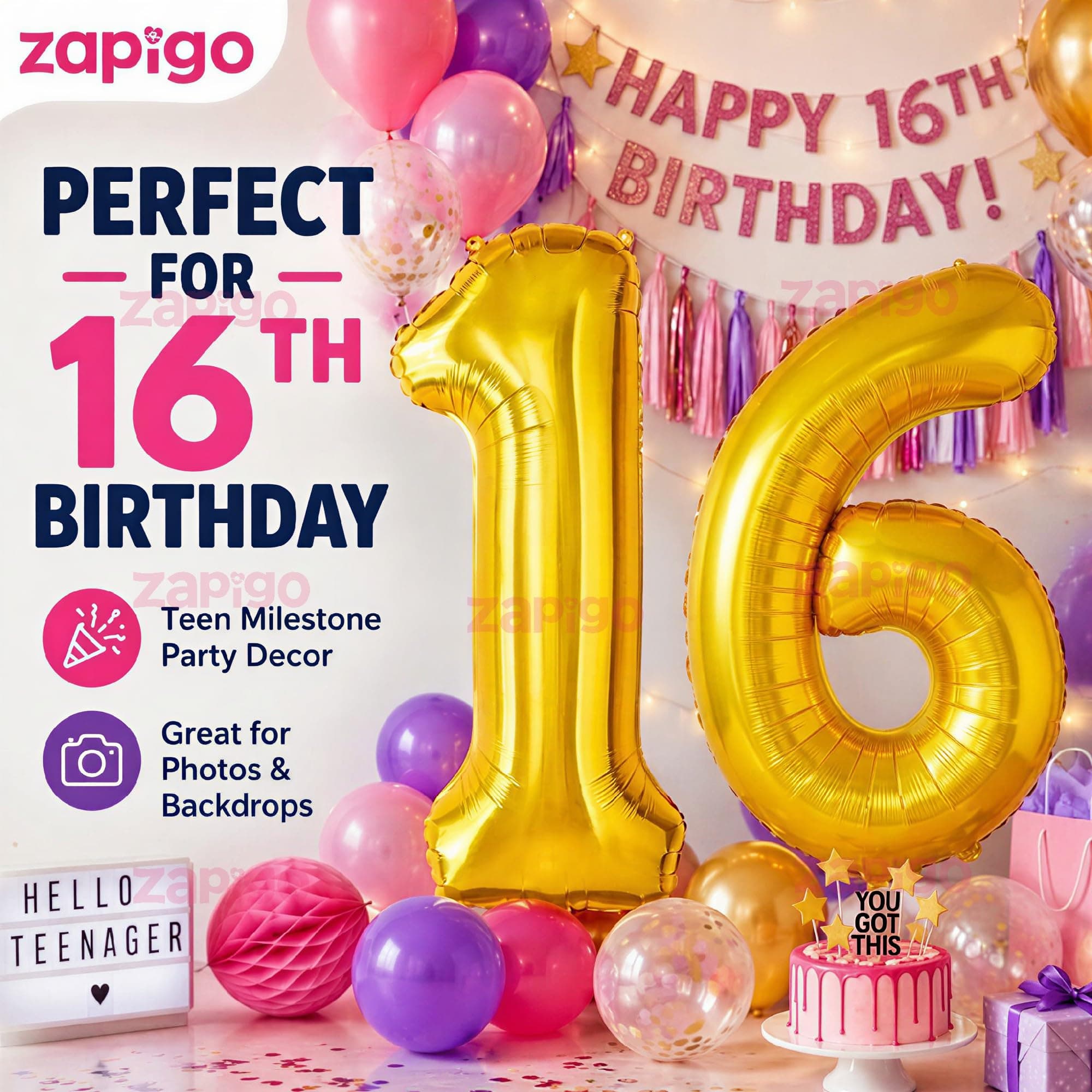 Balloonistics Number 16 Gold Foil Balloon – 17-Inch Metallic '16' Balloon Pack of 2 for Sweet 16 Birthday & Teen Party Decoration thumbnail 4