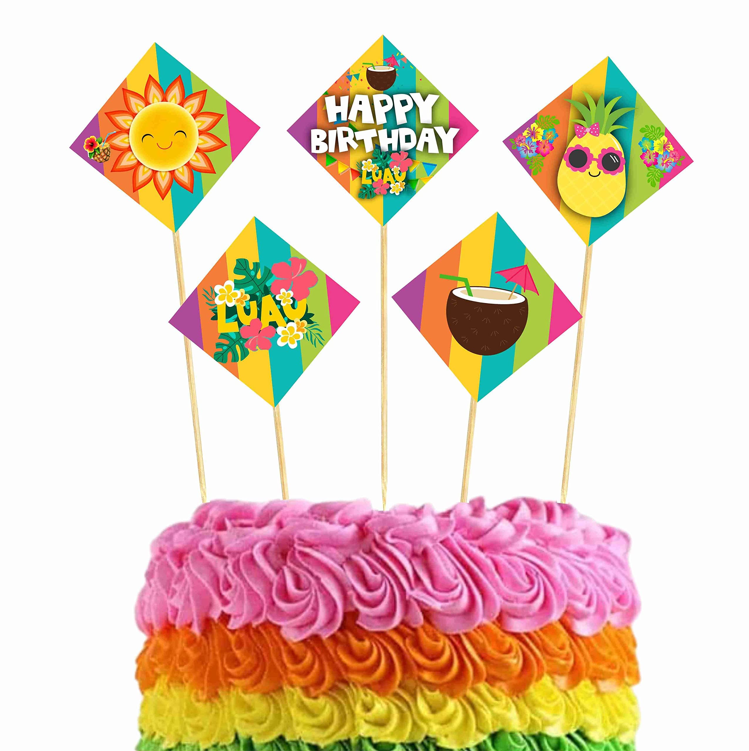 Balloonistics Hawaii Luau Happy Birthday Cake Topper - Tropical Hibiscus & Palm Leaf Cake Decorations - Premium Cardstock Aloha Party Supplies with Food-Grade Bamboo Sticks (Cake Topper - Pack of 10) thumbnail 1