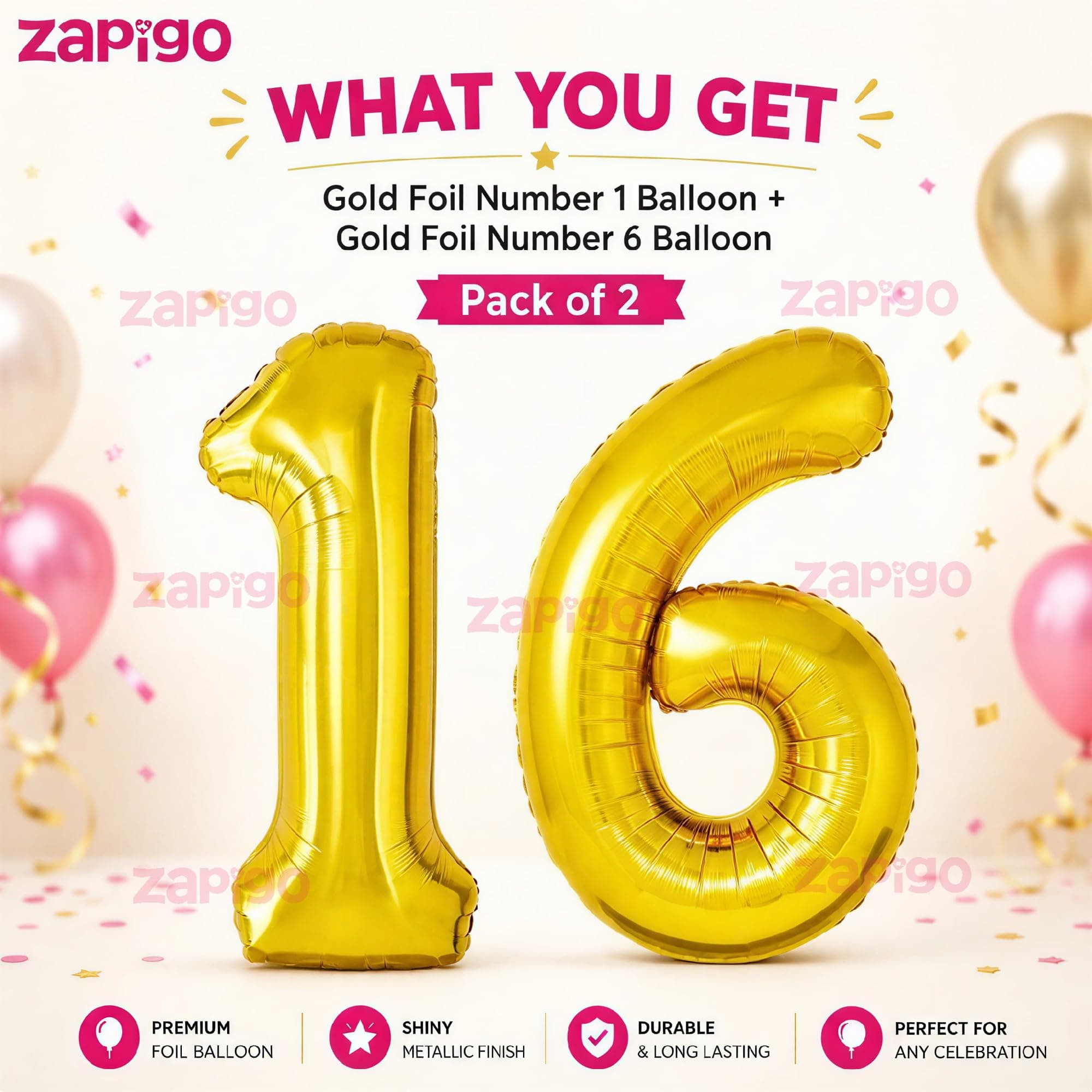 Balloonistics Number 16 Gold Foil Balloon – 17-Inch Metallic '16' Balloon Pack of 2 for Sweet 16 Birthday & Teen Party Decoration thumbnail 3