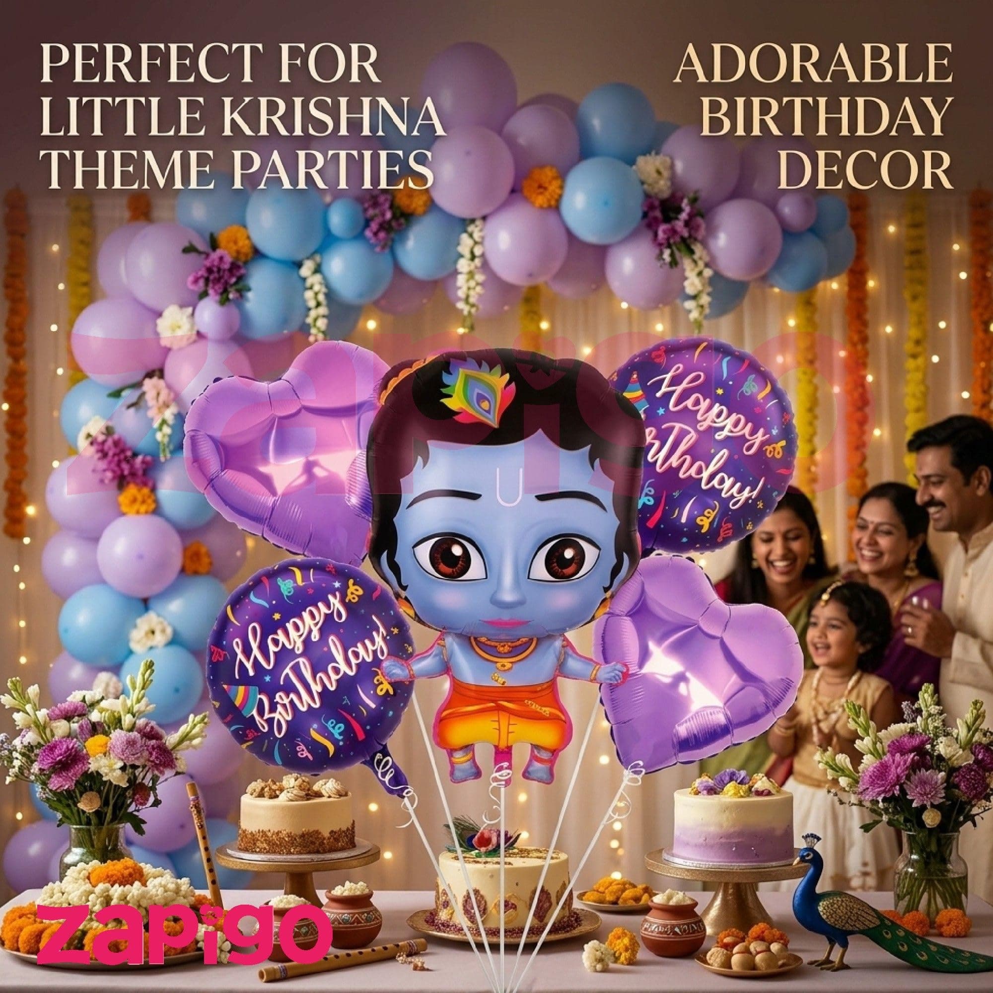 Balloonistics Little Krishna Theme Happy Birthday Balloon Bouquet Pack Of 5 thumbnail 3