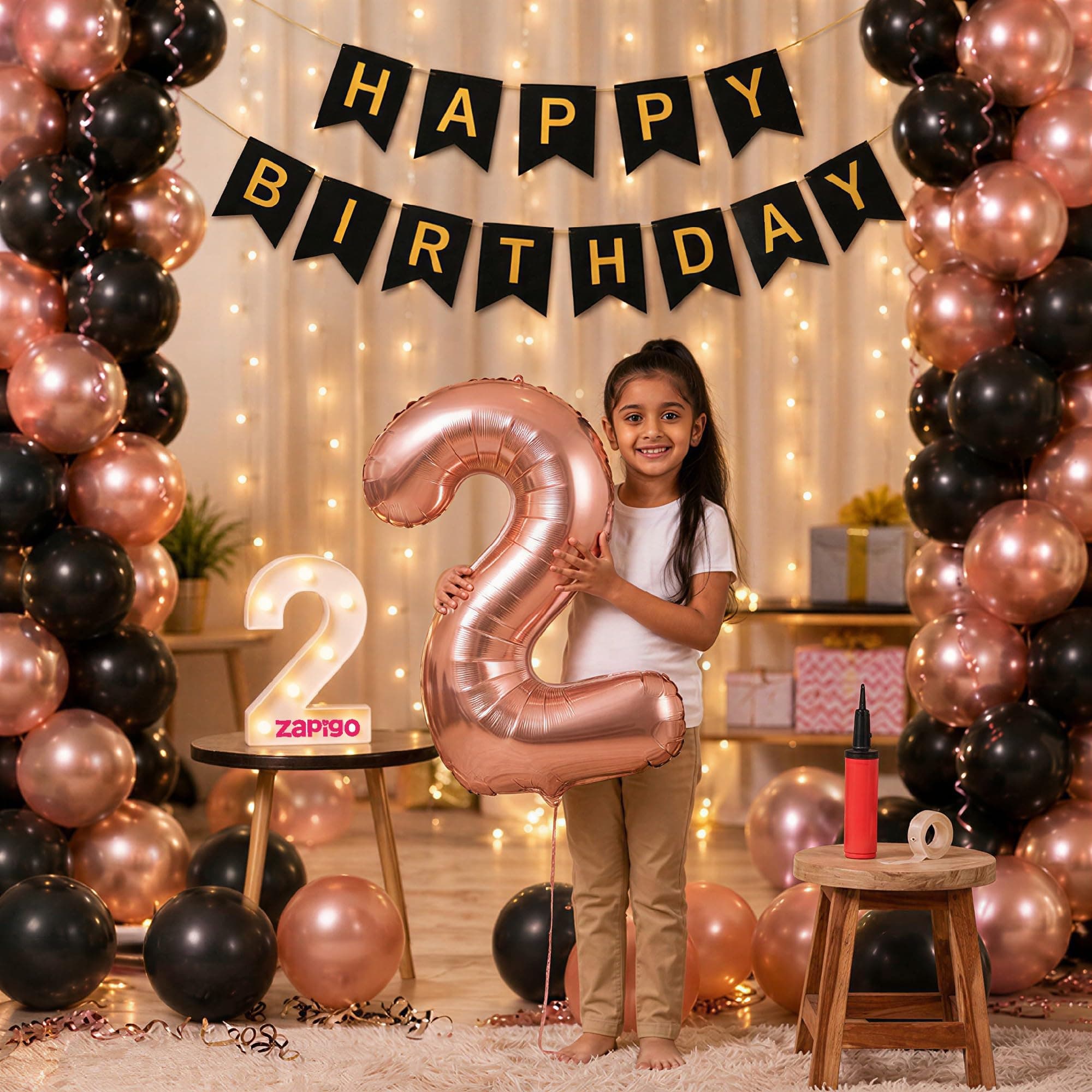 Balloonistics 2nd Birthday Decoration Combo Kit - 40 Inch Rose Gold Foil Number Balloon, LED Marquee Light, 50 Rose Gold & Black Balloons, Happy Birthday Banner, Balloon Pump & Glue Dots