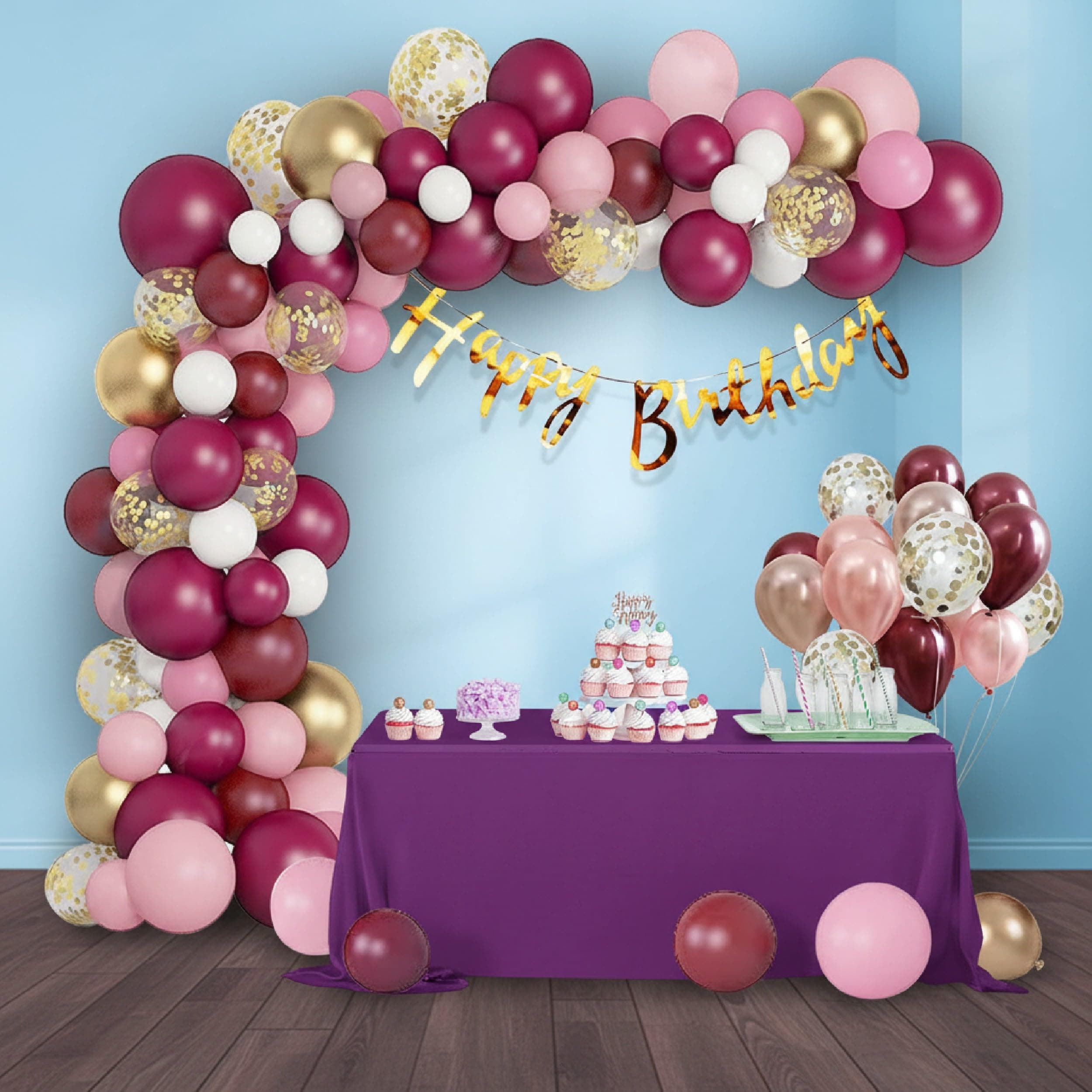 Balloonistics 63 Pcs Burgundy & Pink Birthday Decoration Kit for Women – Happy Birthday Banner, Gold Confetti Balloons & Arch Strip – Elegant Decor for Wife, Mom or Daughter thumbnail 1