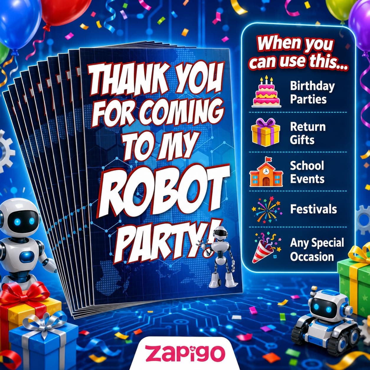 Balloonistics Robot Theme Thank You Cards - Pack of 20 Double-Sided Cardstock Note Cards - Futuristic Sci-Fi Party Stationery for Kids, Boys & STEM Birthdays - Gear-Shaped Appreciation Cards with Fill-in Details (Thank you Cards - Pack of 20) thumbnail 3