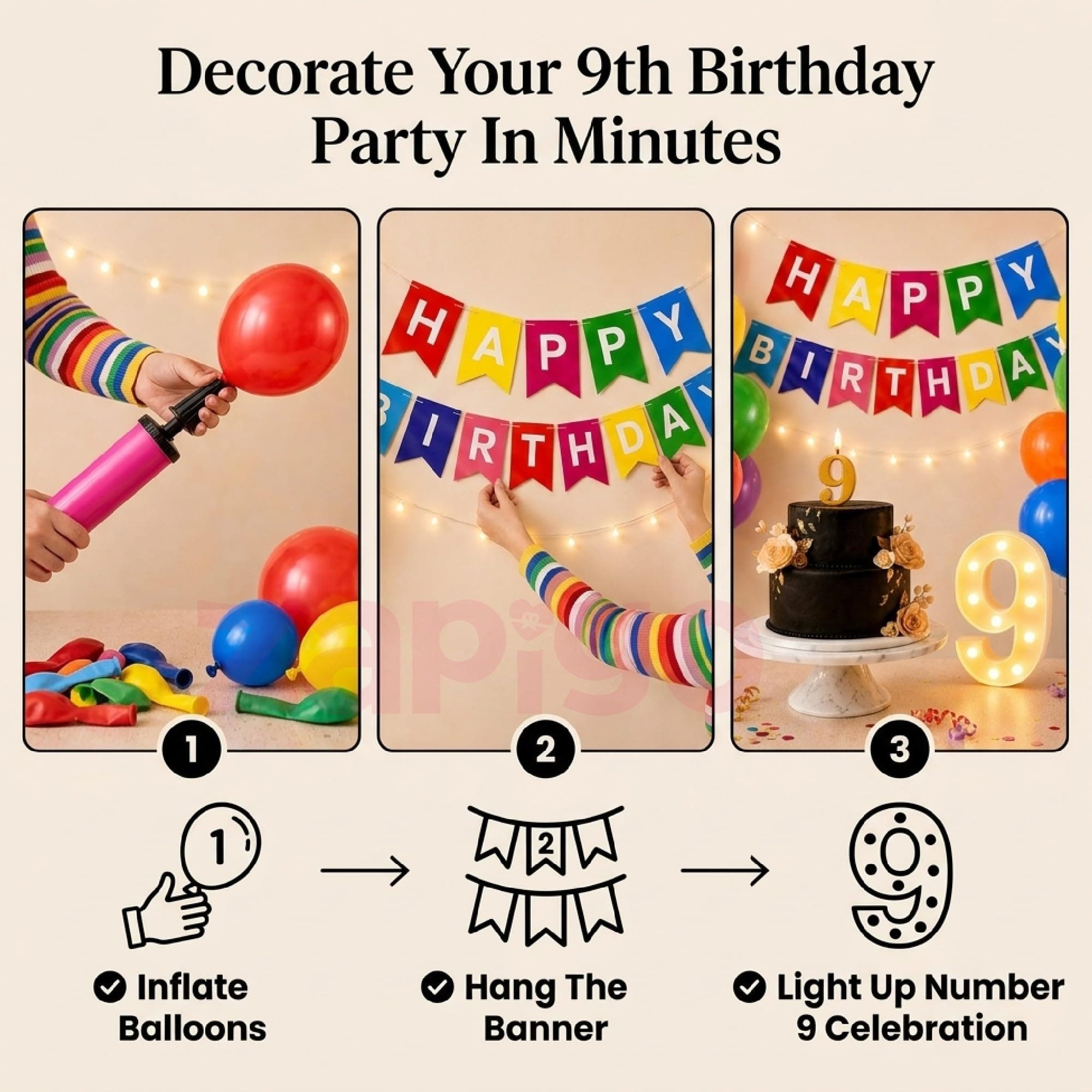 Balloonistics 55-Piece 9th Birthday Decoration Kit – Number 9 Foil Balloon, Happy Birthday Banner, Latex Balloons & Arch Tools for Party Room Decor, Balloon Arch, Photo Booth Backdrop thumbnail 5