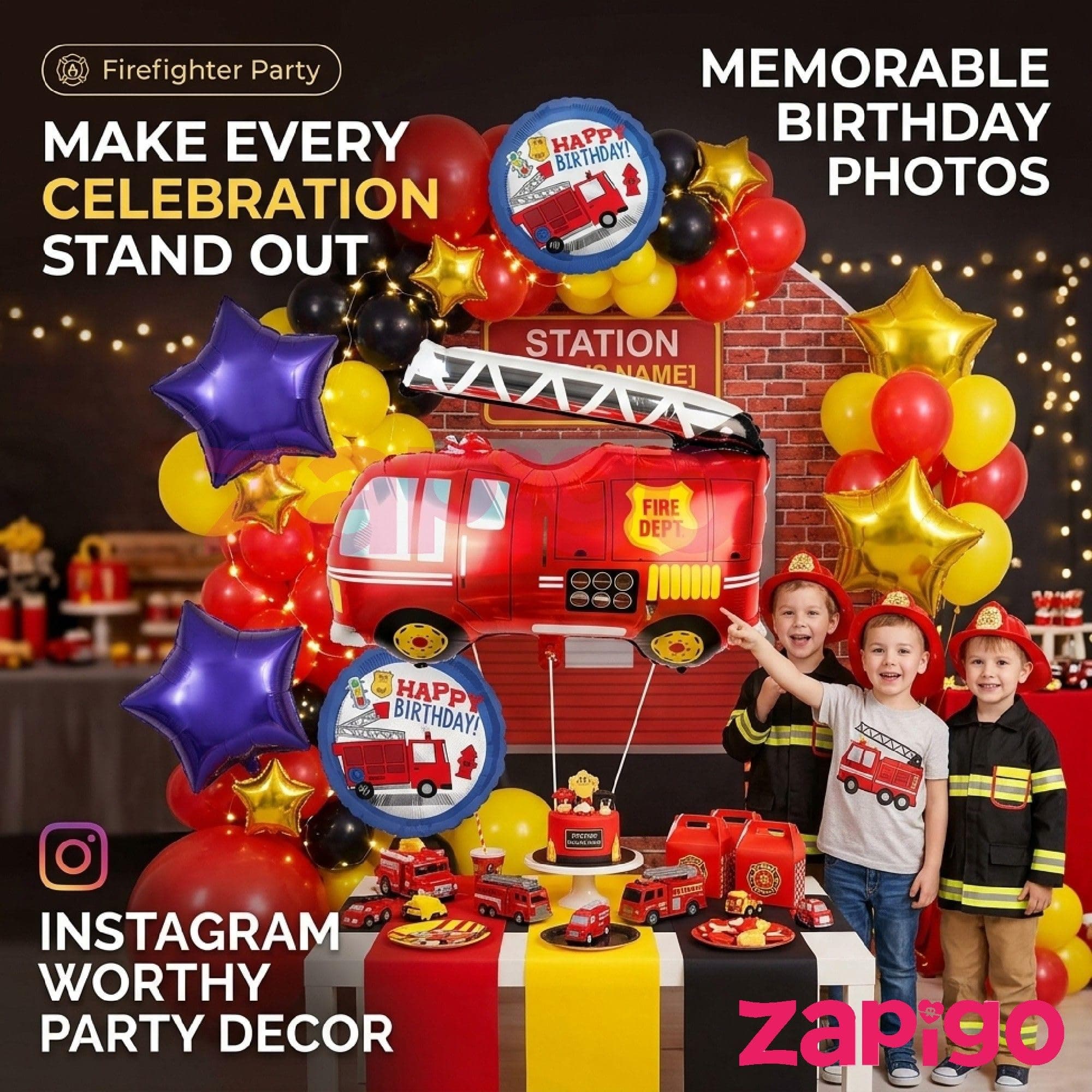 Balloonistics Firetruck Theme Happy Birthday Balloon Bouquet Pack Of 5 thumbnail 5