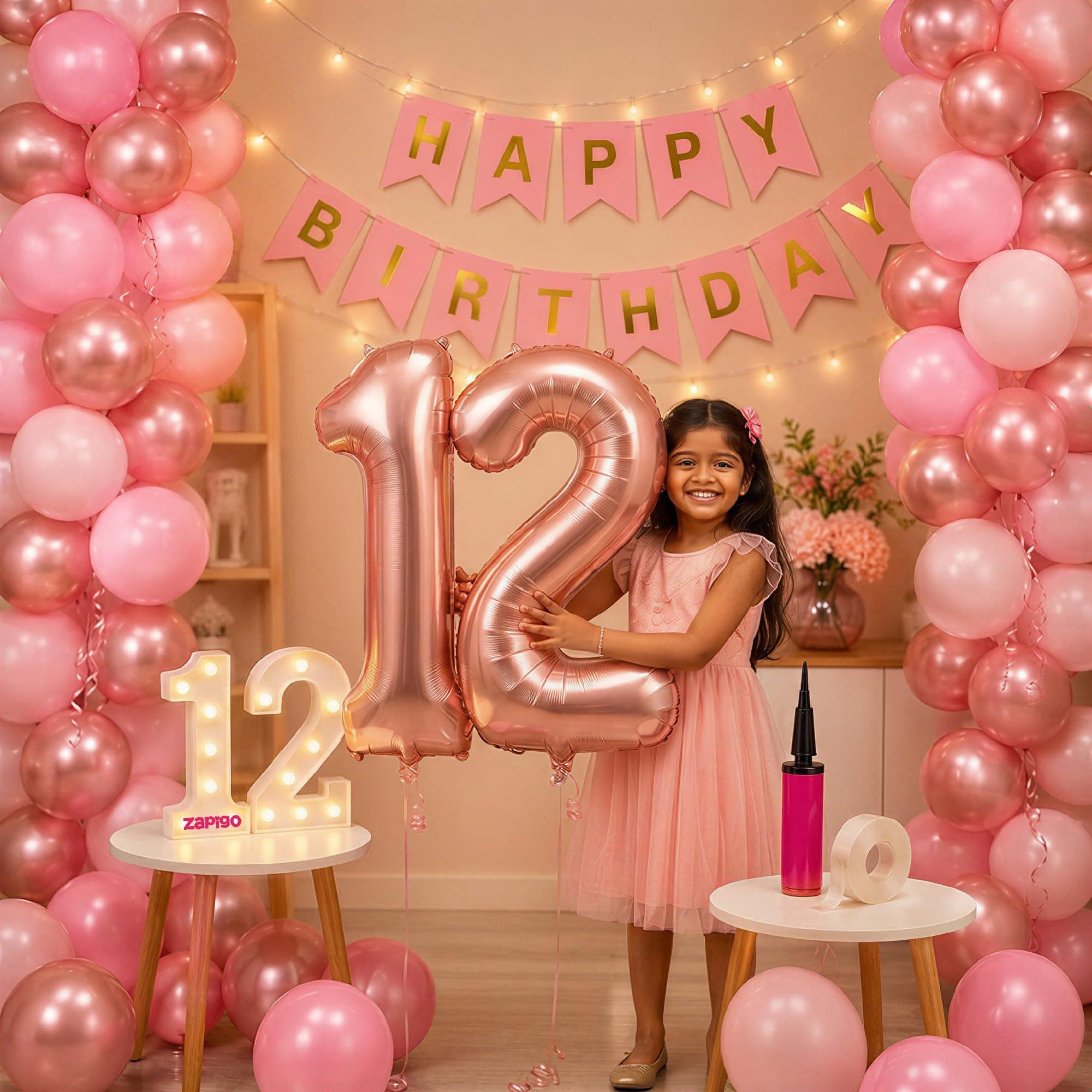 Balloonistics 12th Birthday Decoration Combo Kit - 40 Inch Rose Gold Foil Number Balloon, LED Marquee Light, 50 Rose Gold & Pink Balloons, Happy Birthday Banner, Balloon Pump & Glue Dots