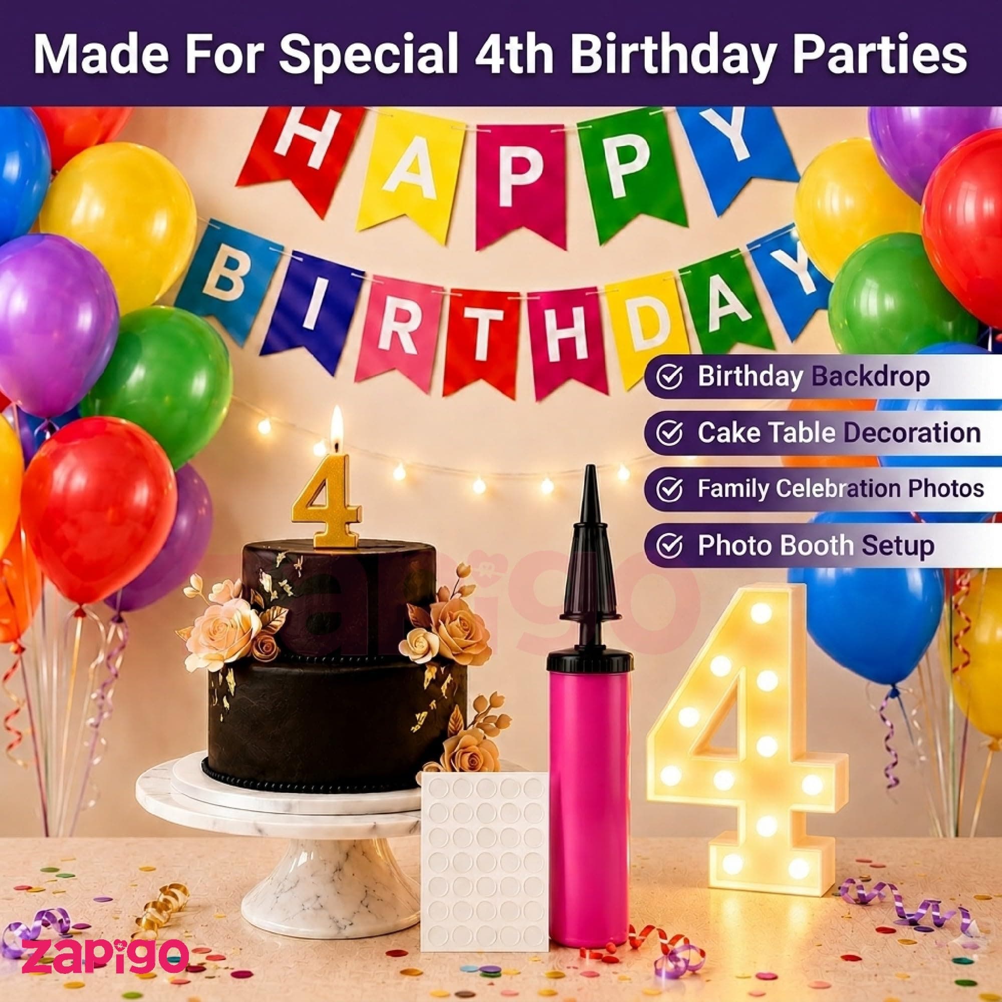 Balloonistics 55-Piece 4th Birthday Decoration Kit – Number 4 Foil Balloon, Happy Birthday Banner, Latex Balloons & Arch Tools for Party Room Decor, Balloon Garland, Photo Booth Backdrop thumbnail 3