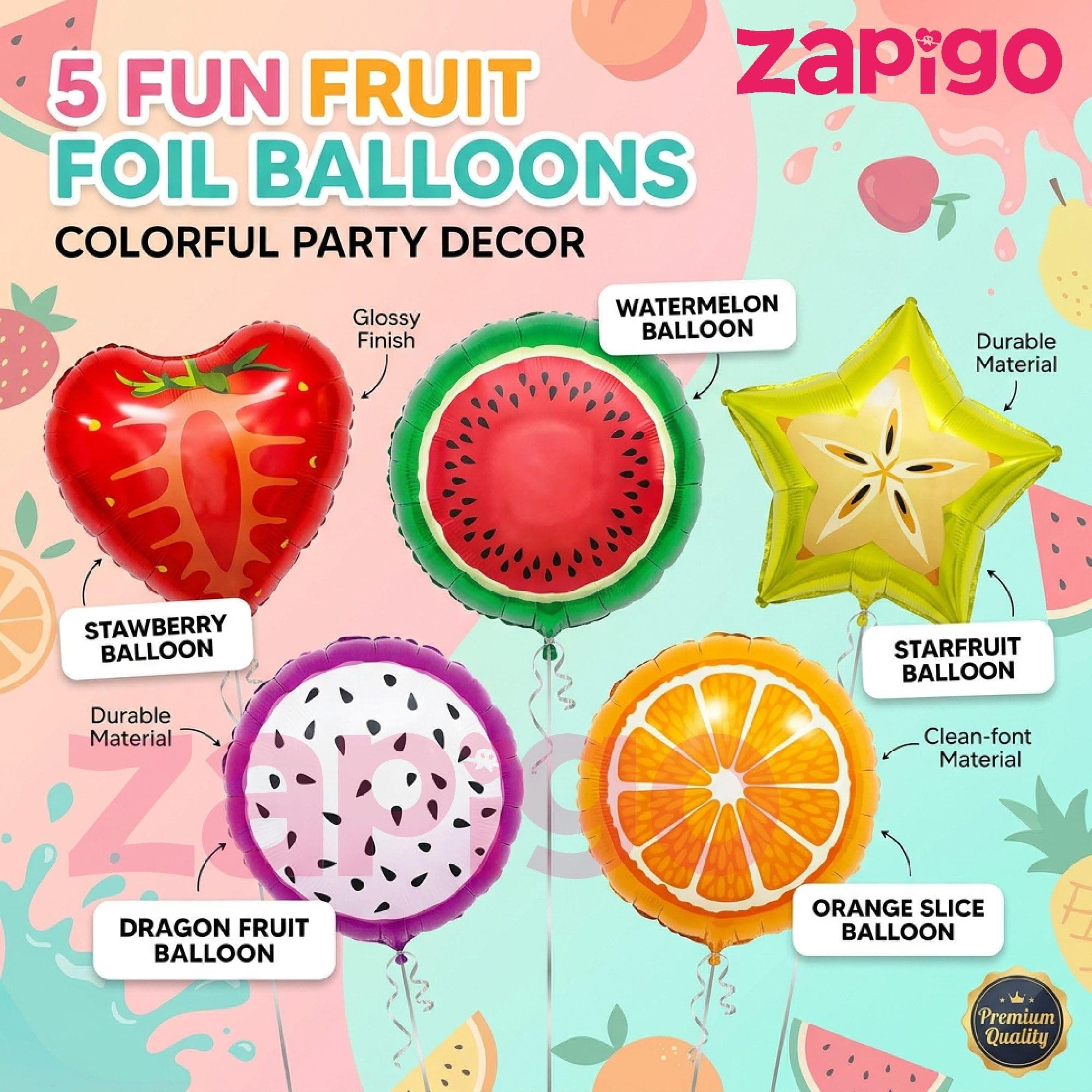 Balloonistics Fruits Theme Happy Birthday Balloon Bouquet Pack Of 5 thumbnail 2