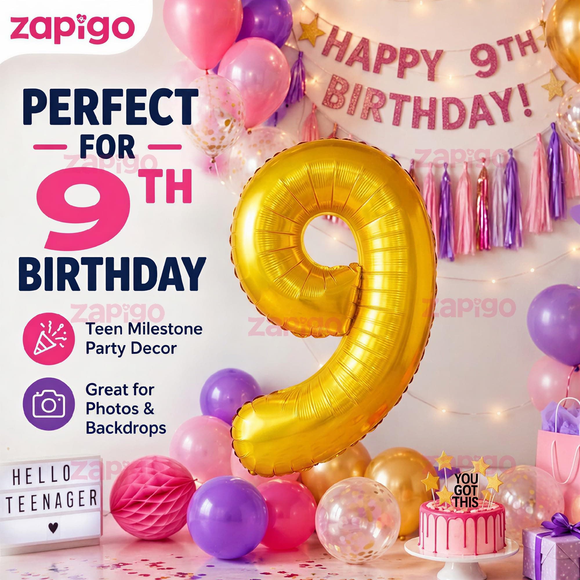 Balloonistics Gold Foil Number 9 Balloon – 16 Inch Golden Foil Number for Custom Age, Year & Phrase Party Decoration (Number 9) thumbnail 4