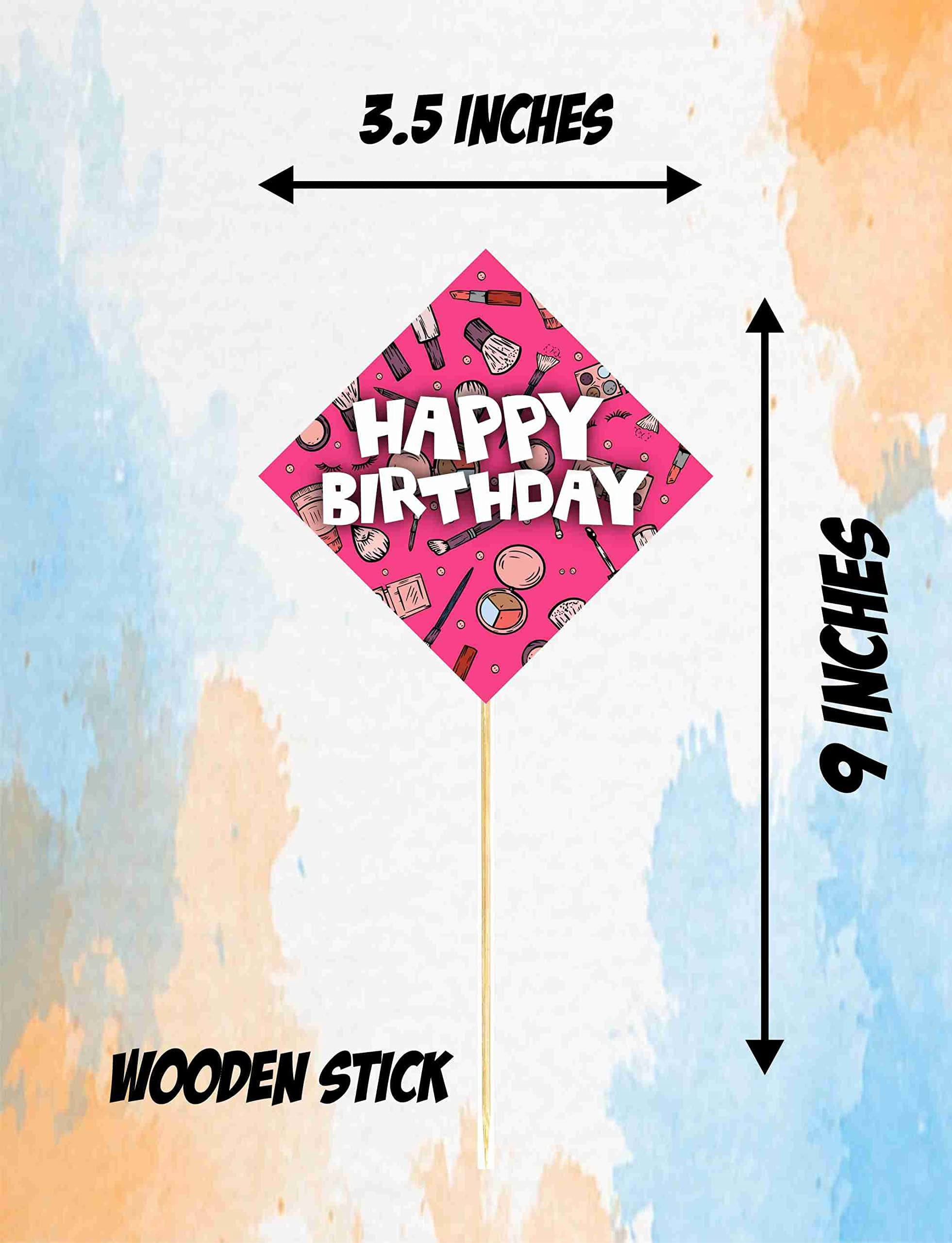 Balloonistics Makeup Theme Happy Birthday Cake Topper - Pack of 10 Premium Cardstock Decorations - Spa Day, Glamour & Salon Party Supplies - Includes Sturdy Bamboo Sticks thumbnail 3