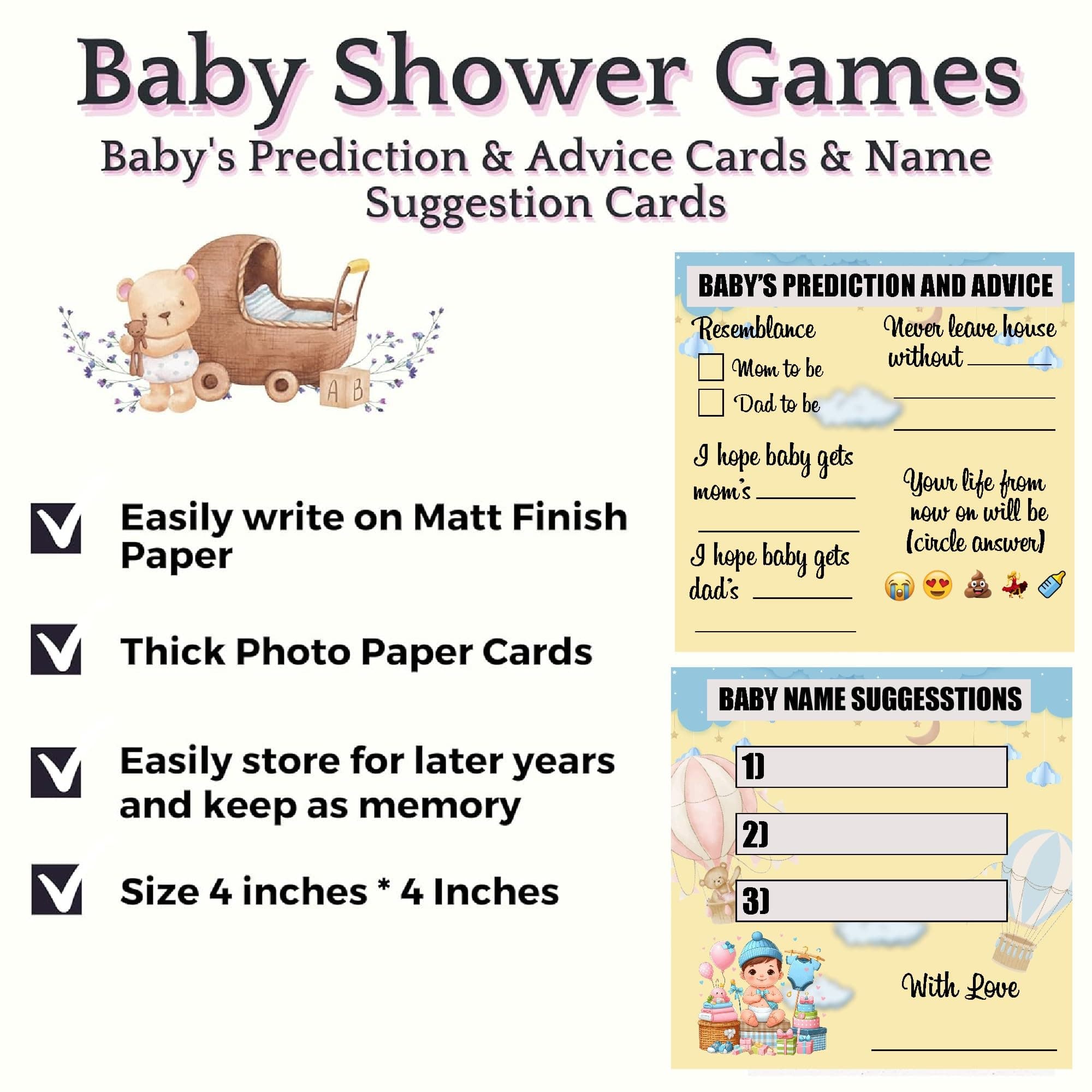 Balloonistics Baby Shower Activity Cards – Pack of 20 (10 Each) – Teddy Bear & Parachute Theme – Predictions, Wishes, Advice & Name Suggestions – Premium 4x4 Inch Cardstock Guest Games thumbnail 4