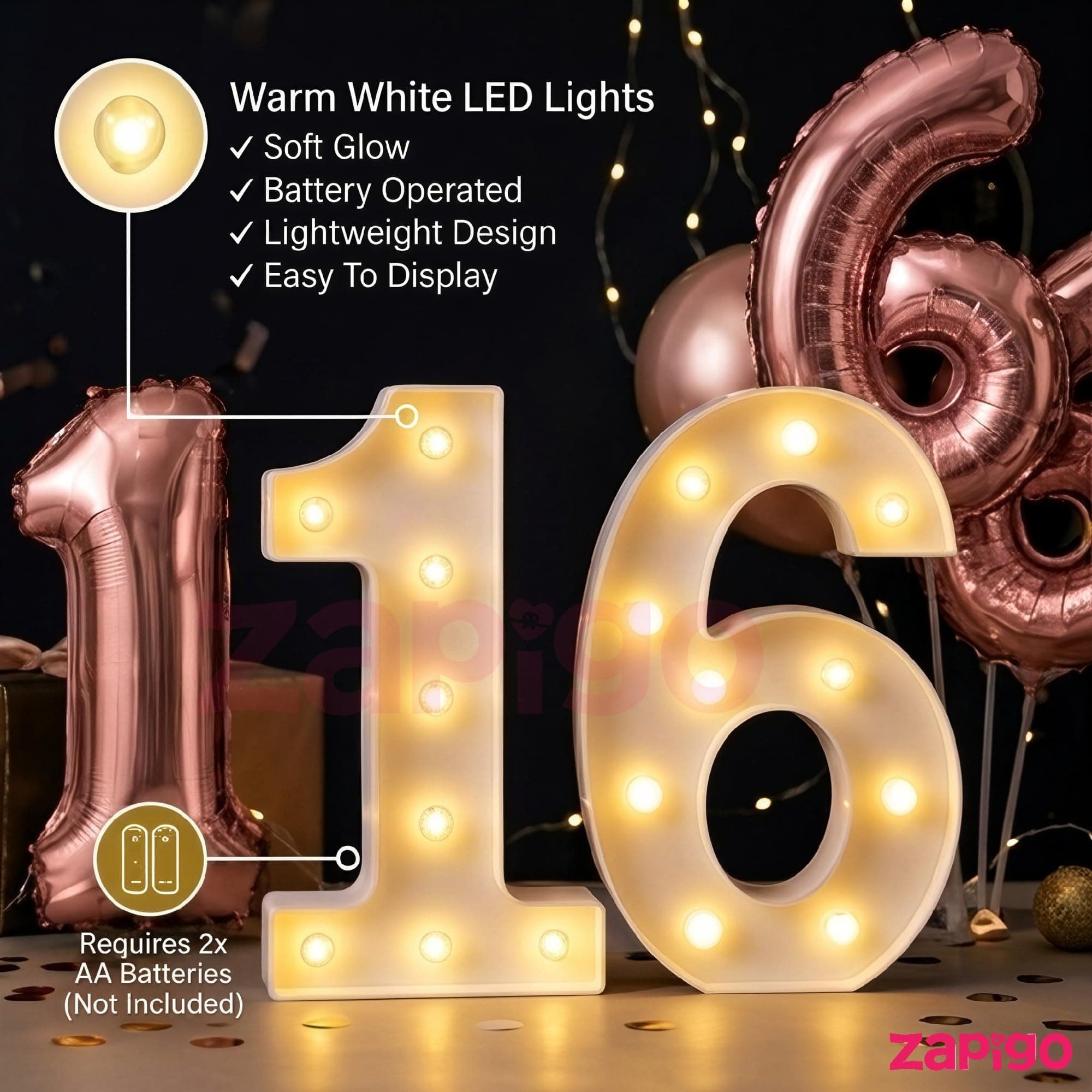 Balloonistics Rose Gold 40-Inch Foil Number 12 Balloon with Matching LED Marquee Light - Combo Set for 12th Birthday, Anniversary, Party Decoration, Photo Booth Backdrop thumbnail 8