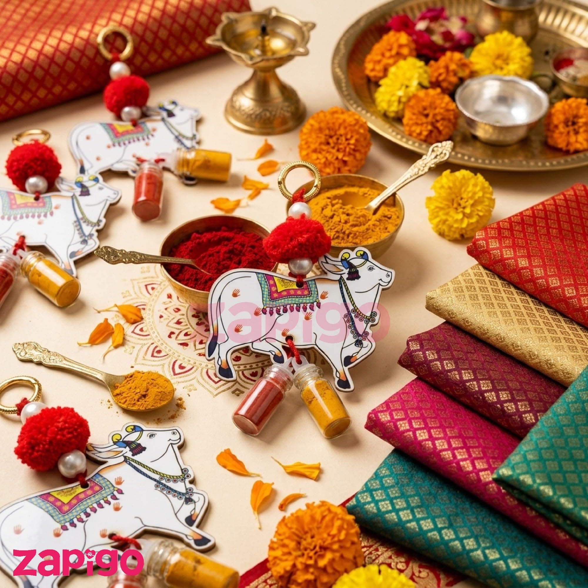 Habba Blouse Piece with Cow Design Silver Kumkum Set, Pasupu Kumkum Dome Glass Bottle, Traditional Haldi Kumkum Return Gift for Diwali, Navratri, Weddings, Pooja, Housewarming & Festivals - Pack of 5 thumbnail 4