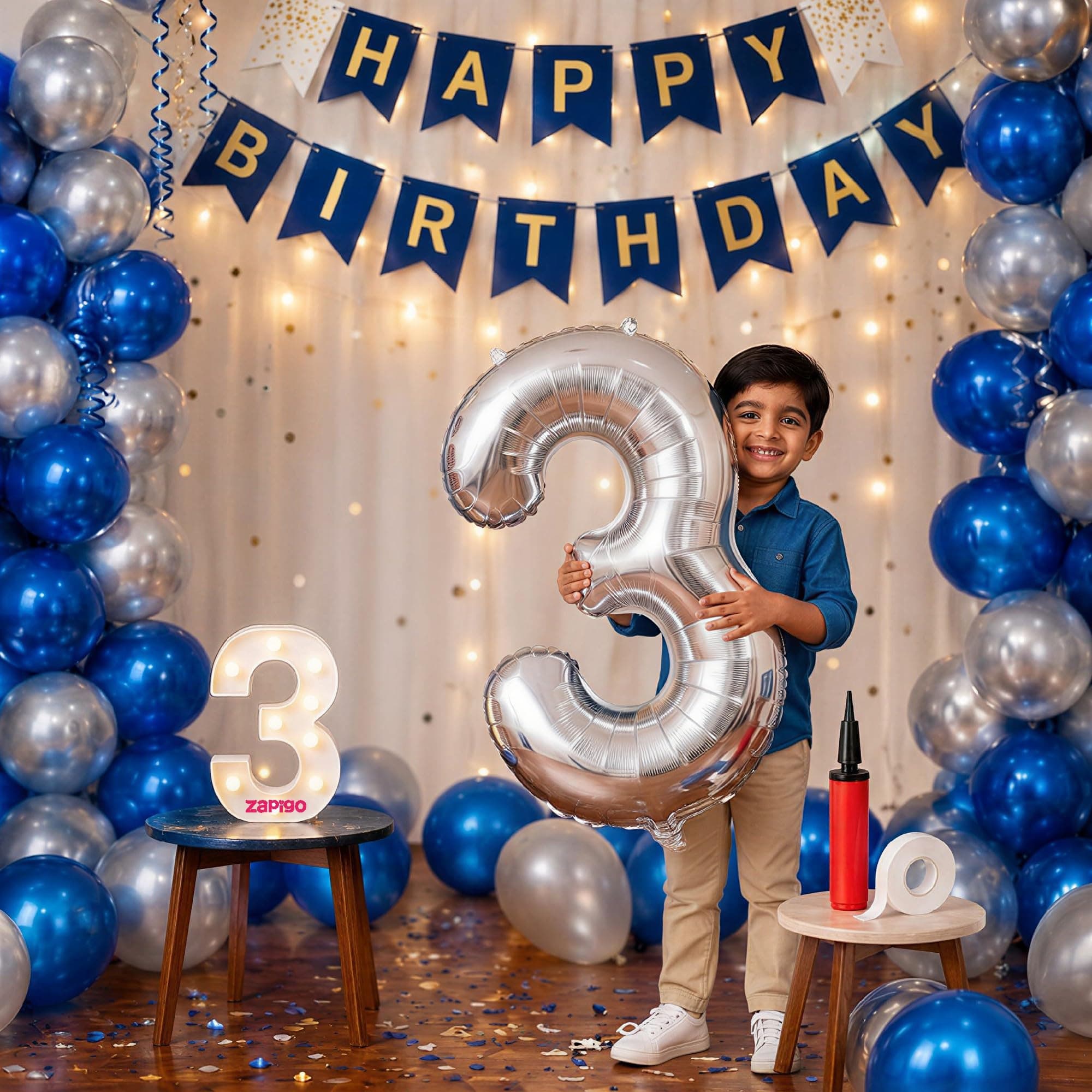 Balloonistics 3rd Birthday Decoration Combo Kit - 40 Inch Silver Foil Number Balloon, LED Marquee Light, 50 Silver & Blue Balloons, Happy Birthday Banner, Balloon Pump & Glue Dots
