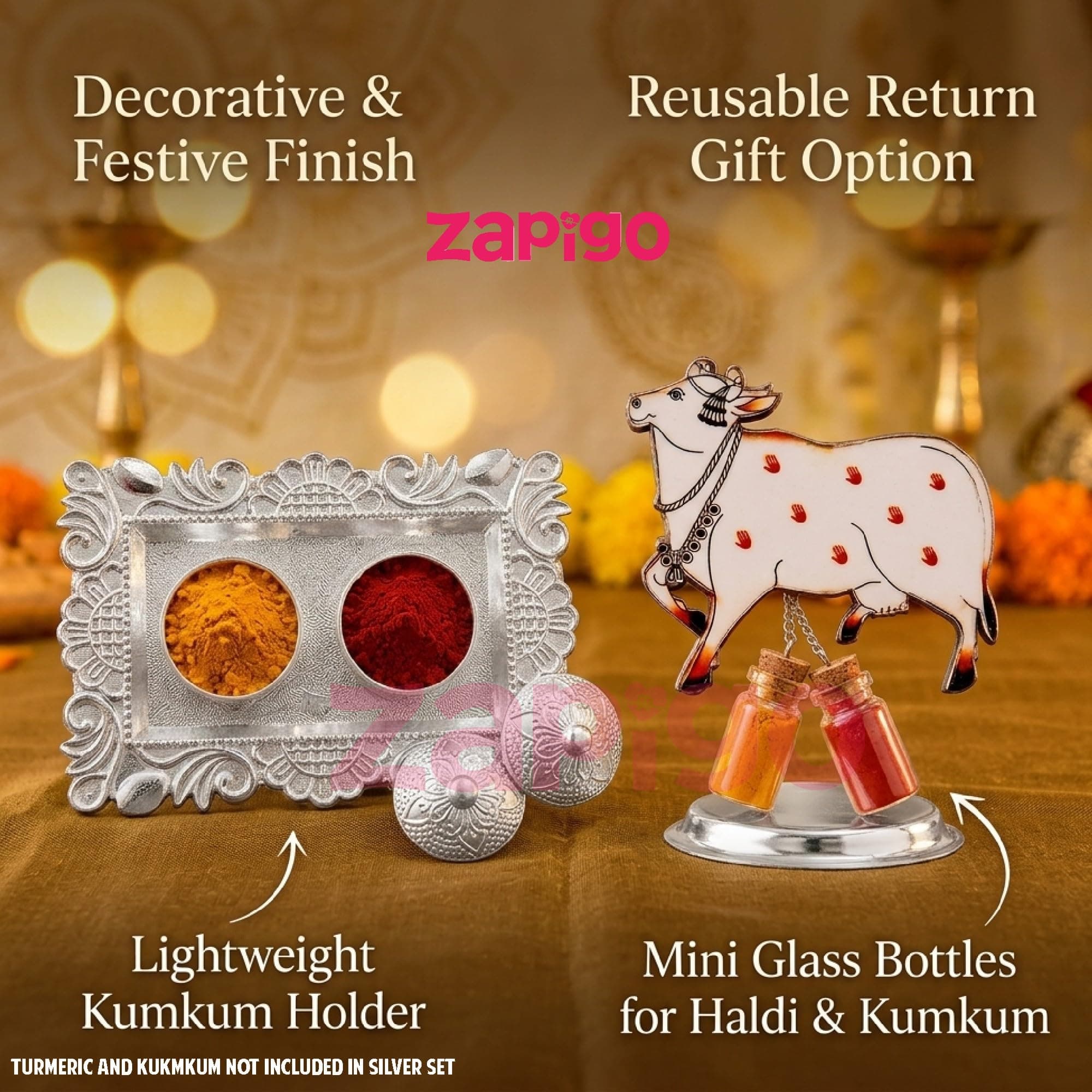 Habba Cow Design Haldi Kumkum Set with Silver Kumkum Holder, Traditional Pasupu Kumkum Gift Set for Pooja, Diwali, Navratri, Wedding, Housewarming & Tambulam Return Gifts for Women - Pack of 10 thumbnail 7