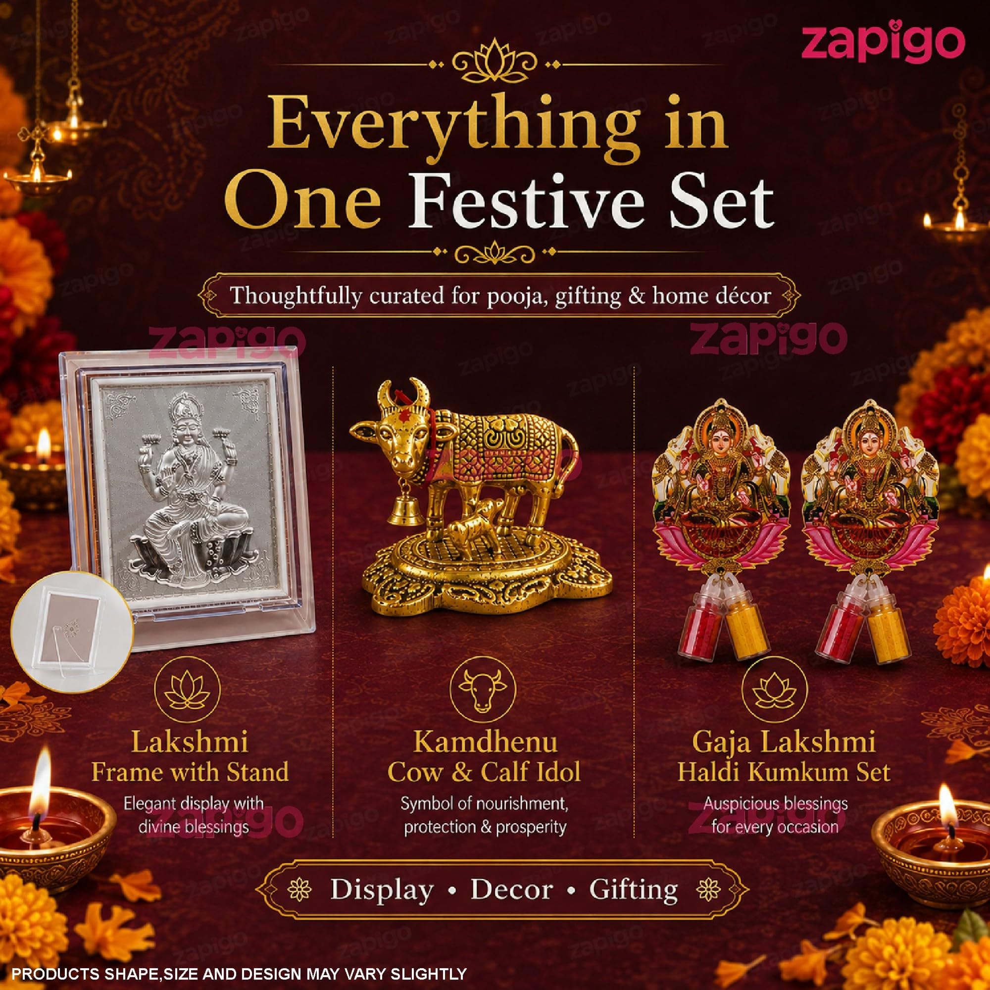 Habba Lakshmi Frame with Silver-Finish Stand, Lakshmi Kumkum Set & Gold Cow Statue, Traditional Haldi Kumkum Tambulam Hamper for Varalakshmi Vratham, Deepavali & Weddings, Pack of 5 thumbnail 3