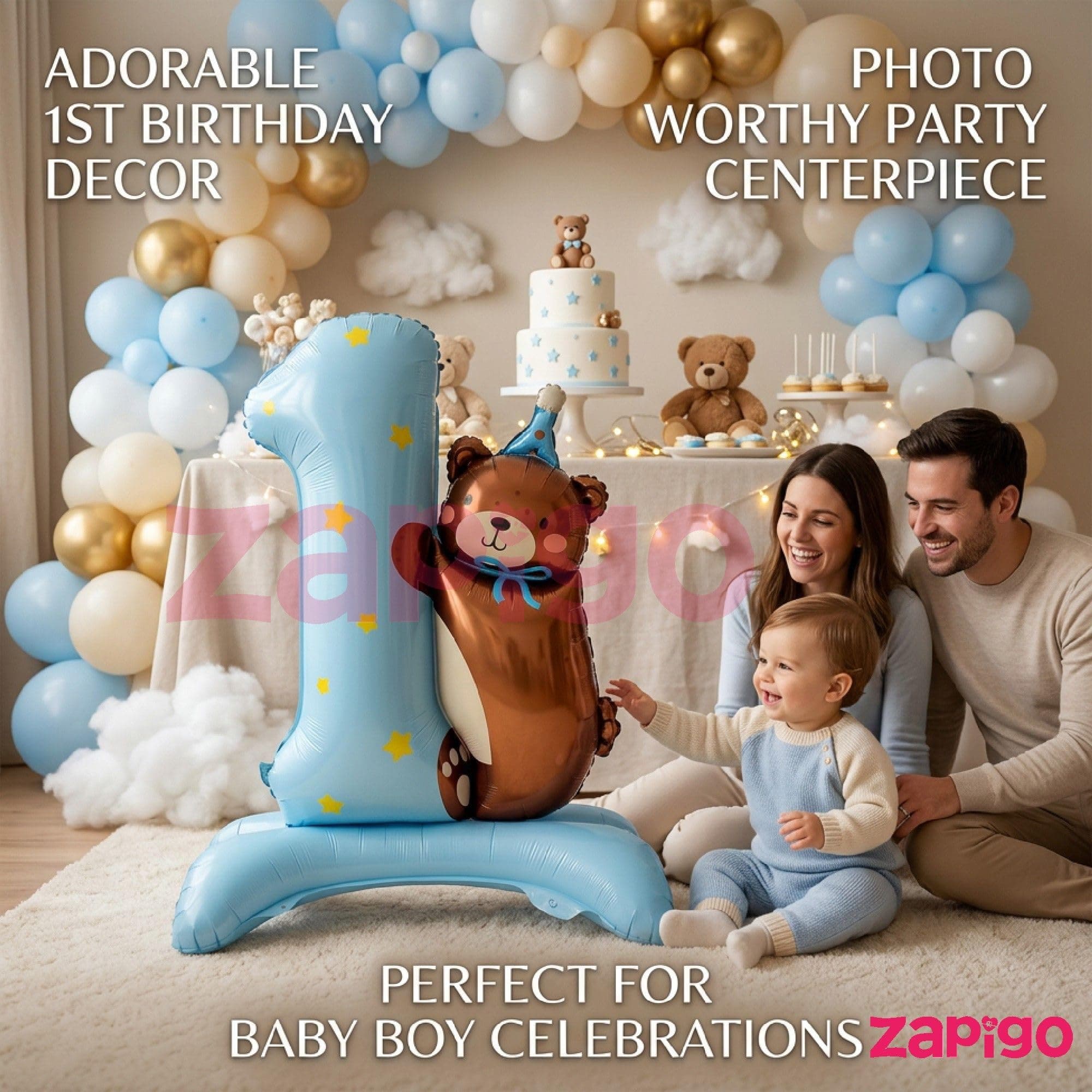Balloonistics Number 1 Self Standing Blue Foil Balloon With Teddy Bear thumbnail 4