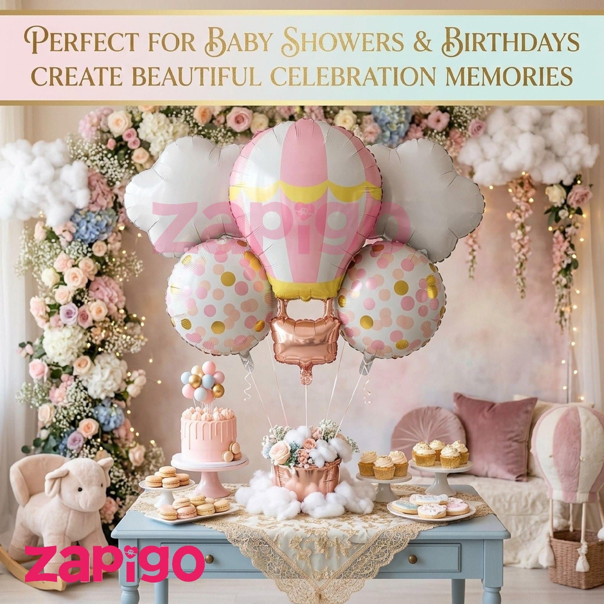 Balloonistics Pink Hotair Balloon And Clouds 1St Birthday Pink Cloud Theme Happy Birthday Balloon Bouquet Pack Of 5 thumbnail 4