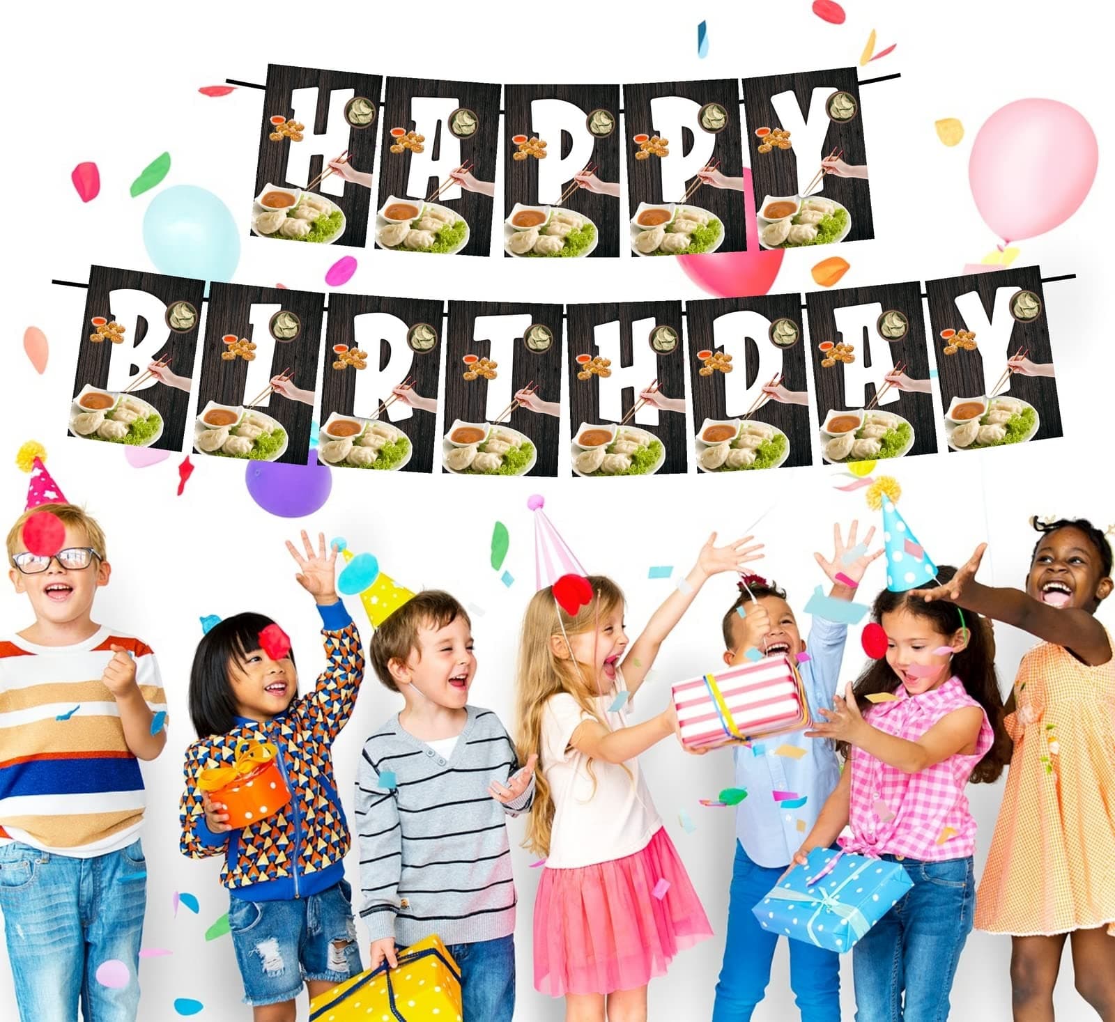 Balloonistics Momos Theme Happy Birthday Banner - Dumpling & Dim Sum Lover Cardstock Bunting for Desi Foodies - Street Food Theme Birthday Decorations, Spicy Chutney Party Supplies, Backdrop Decor thumbnail 2