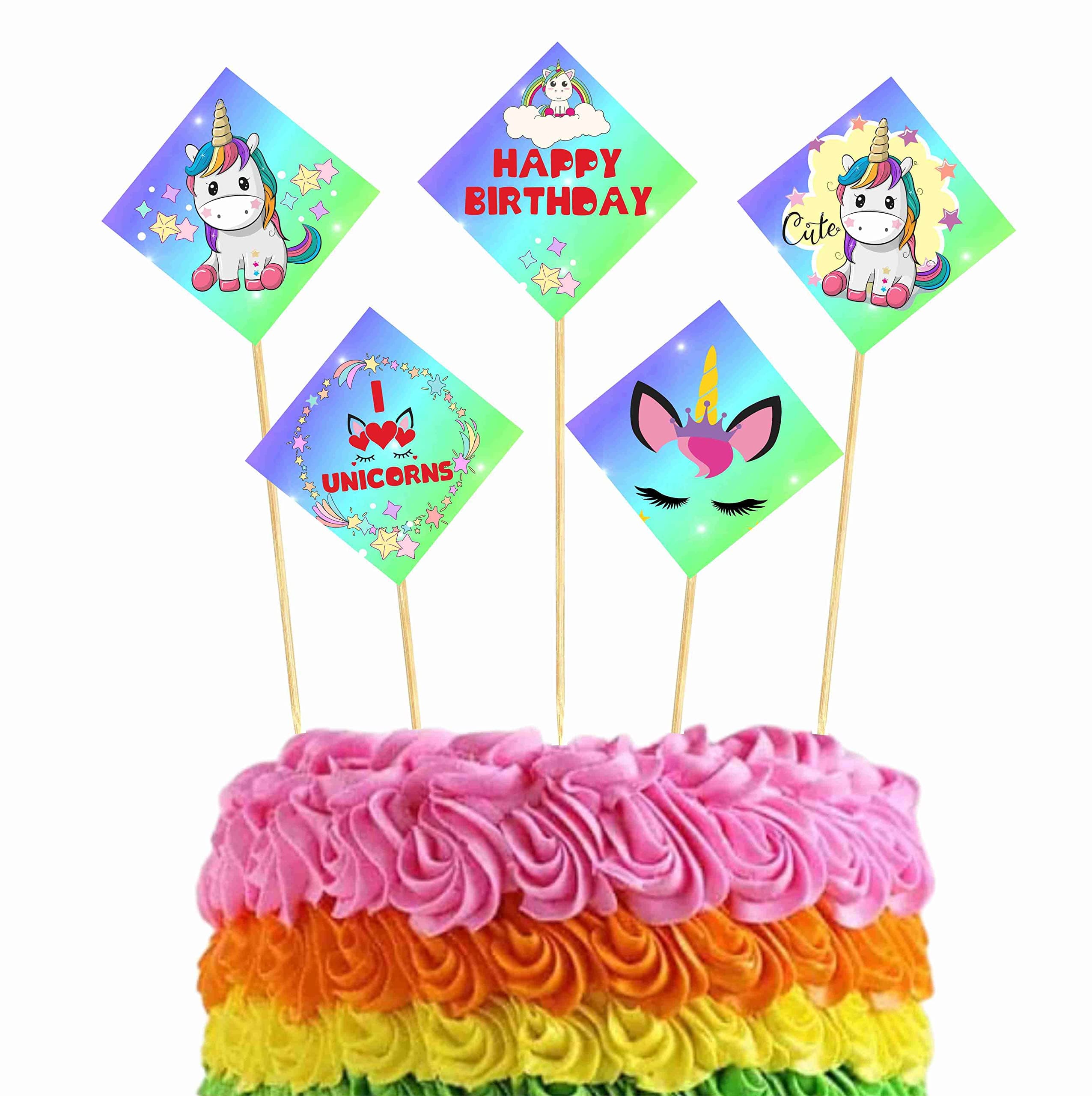 Balloonistics Unicorn Theme Cake Topper Set Double-Sided Cardstock with Bamboo Sticks Party Decorations for Girls Birthday Celebrations Backdrop (Cake Topper - Pack of 10) thumbnail 1