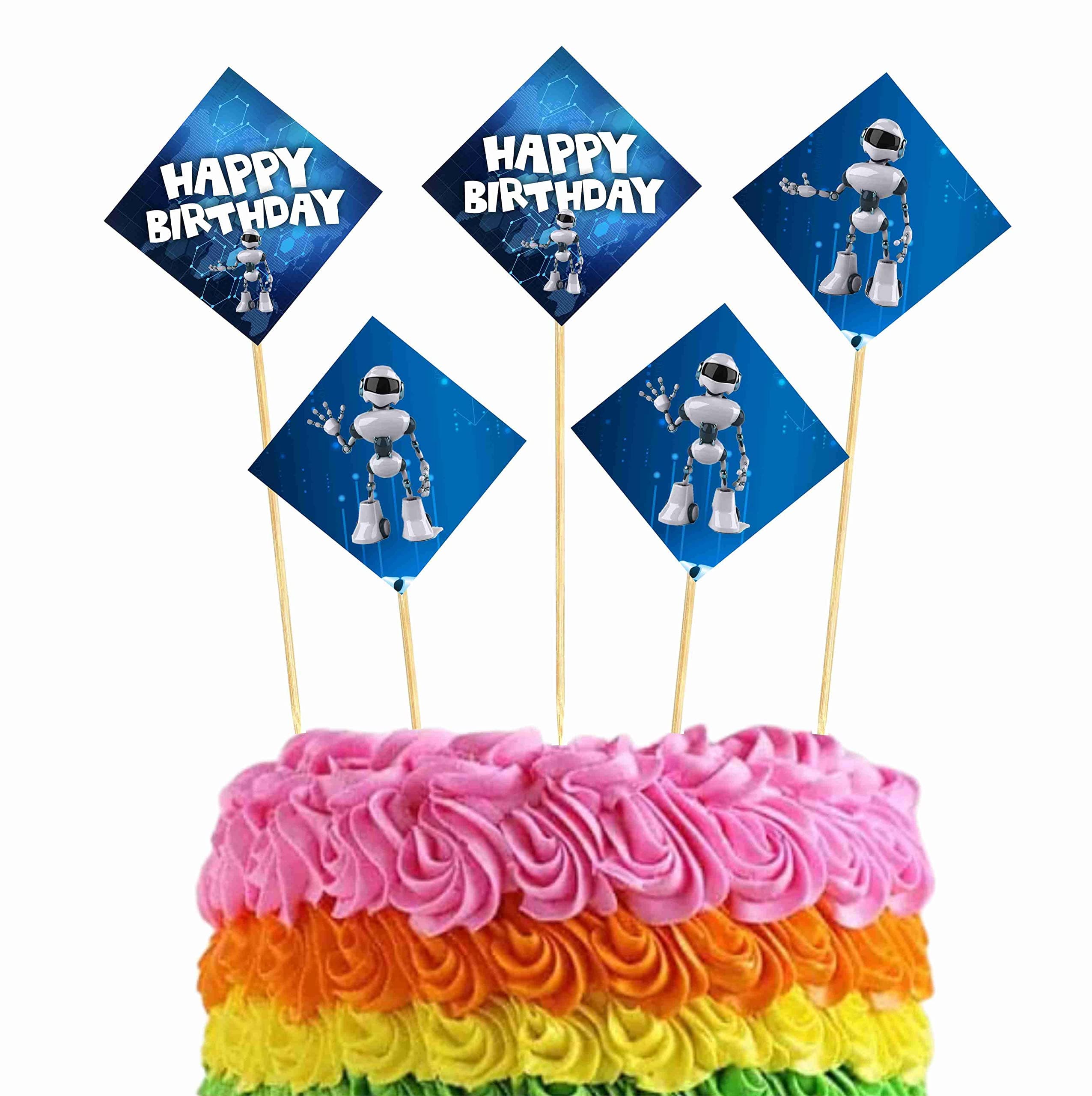Balloonistics Robot Theme Happy Birthday Cake Topper - Vibrant Cardstock Mechanical Cake Decoration - Futuristic Sci-Fi Party Supplies for Kids, Boys & STEM Birthdays thumbnail 1