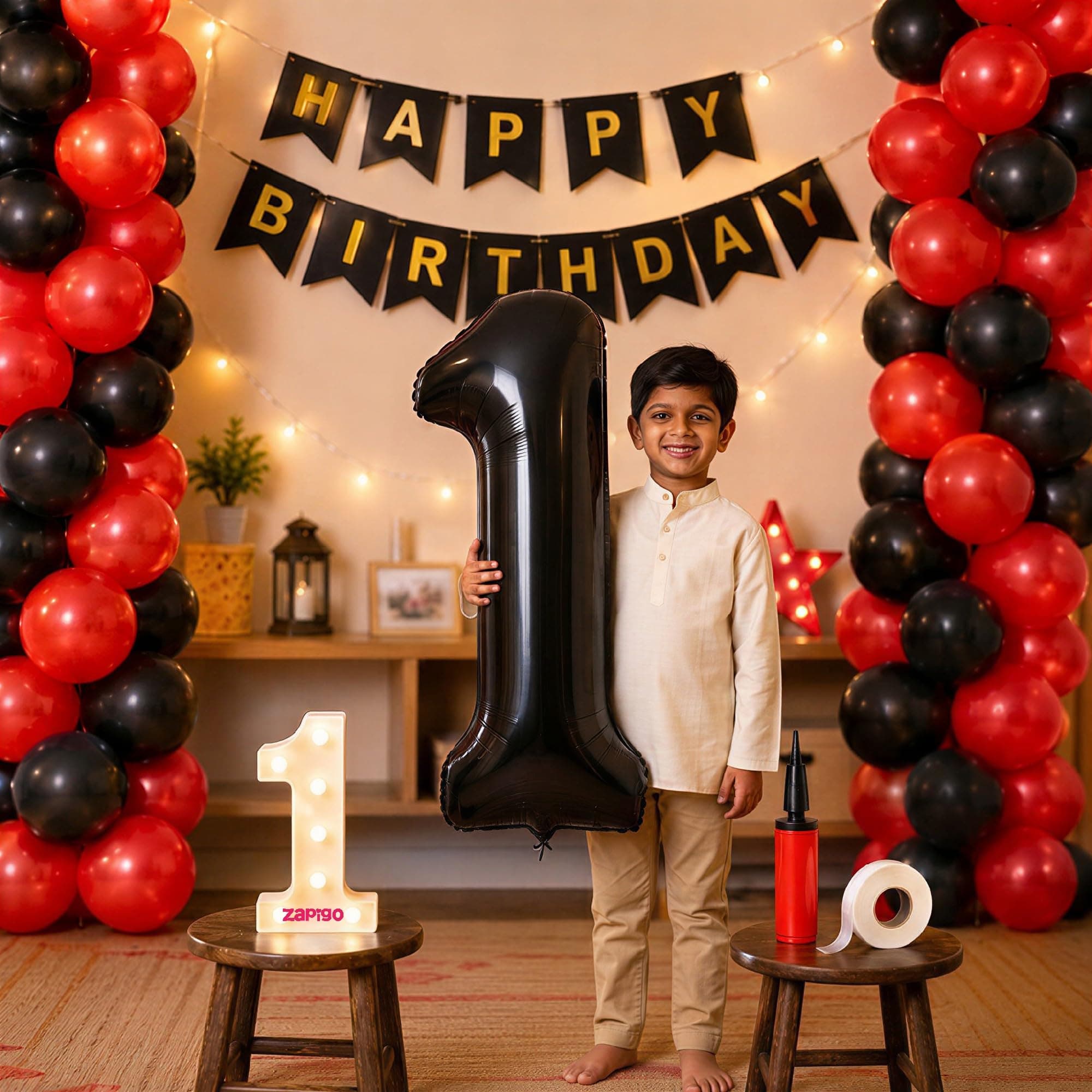 Balloonistics 1st Birthday Decoration Combo Kit - 40 Inch Black Foil Number Balloon, LED Marquee Light, Black & Red Balloons, Happy Birthday Banner, Balloon Pump & Glue Dots - Photo Booth Backdrop thumbnail 1
