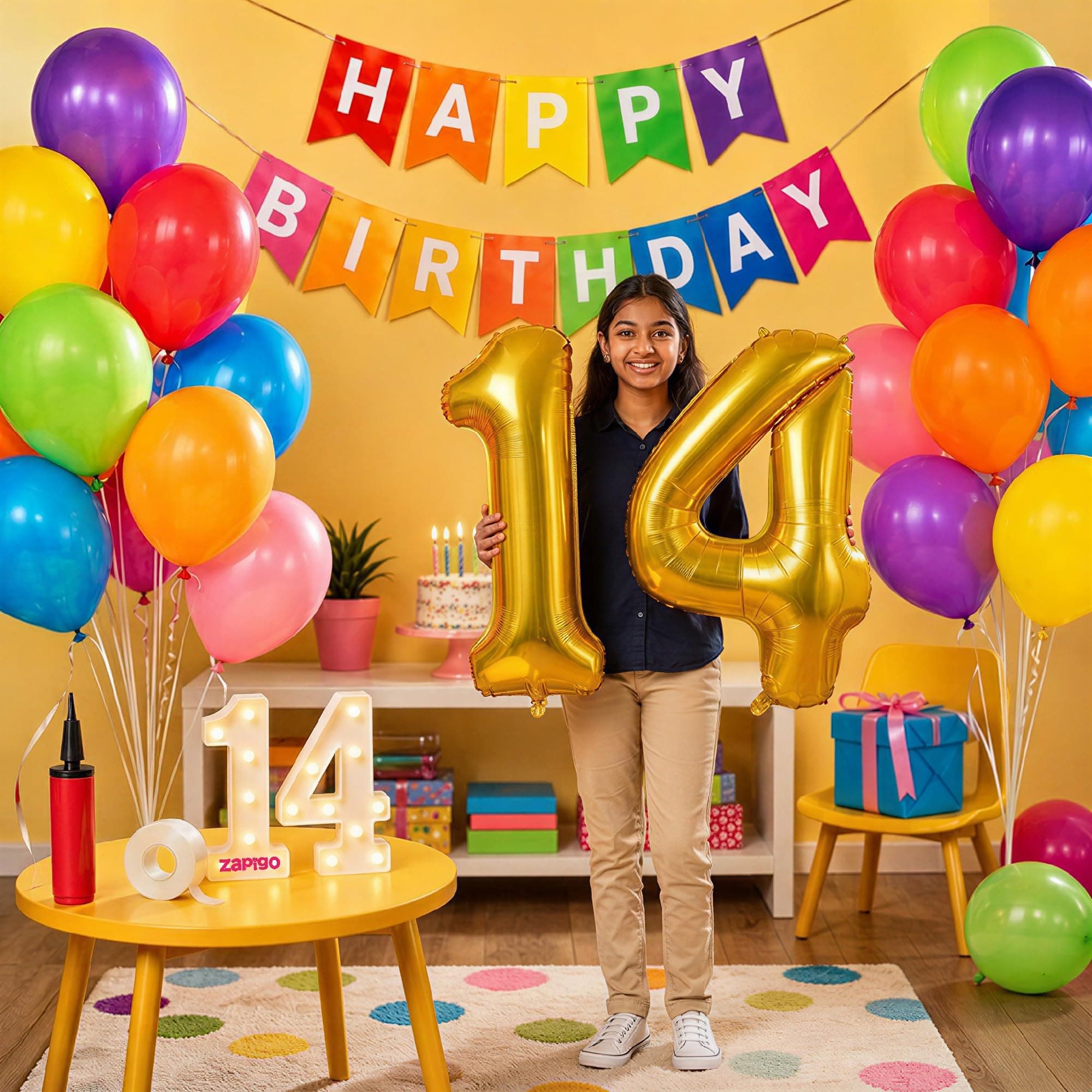 Balloonistics 14th Birthday Decoration Combo Kit - 40 Inch Gold Foil Number Balloon, LED Marquee Light, 50 Multicolor Balloons, Happy Birthday Banner, Balloon Pump & Glue Dots