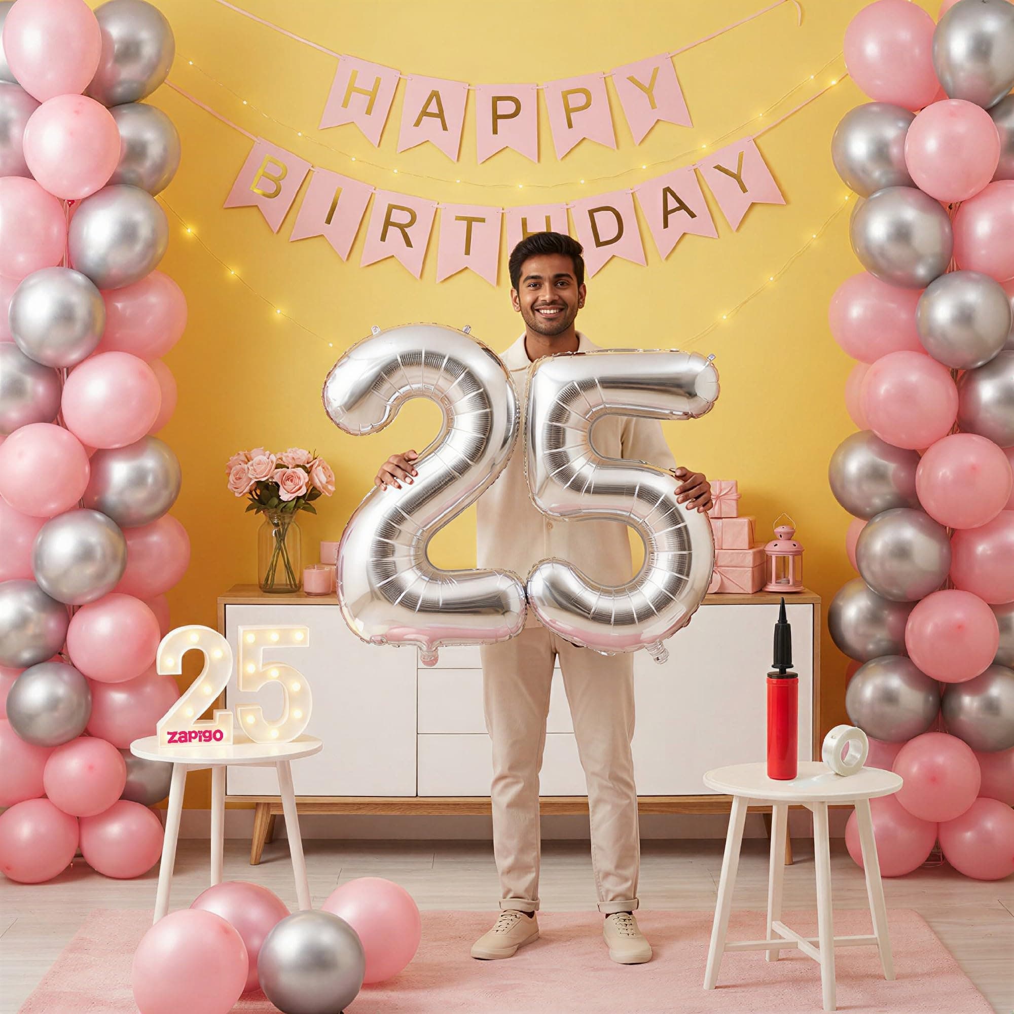 Balloonistics 25th Birthday Decoration Combo Kit - 40 Inch Silver Foil Number Balloon, LED Marquee Light, 50 Silver & Pink Balloons, Happy Birthday Banner, Balloon Pump & Glue Dots
