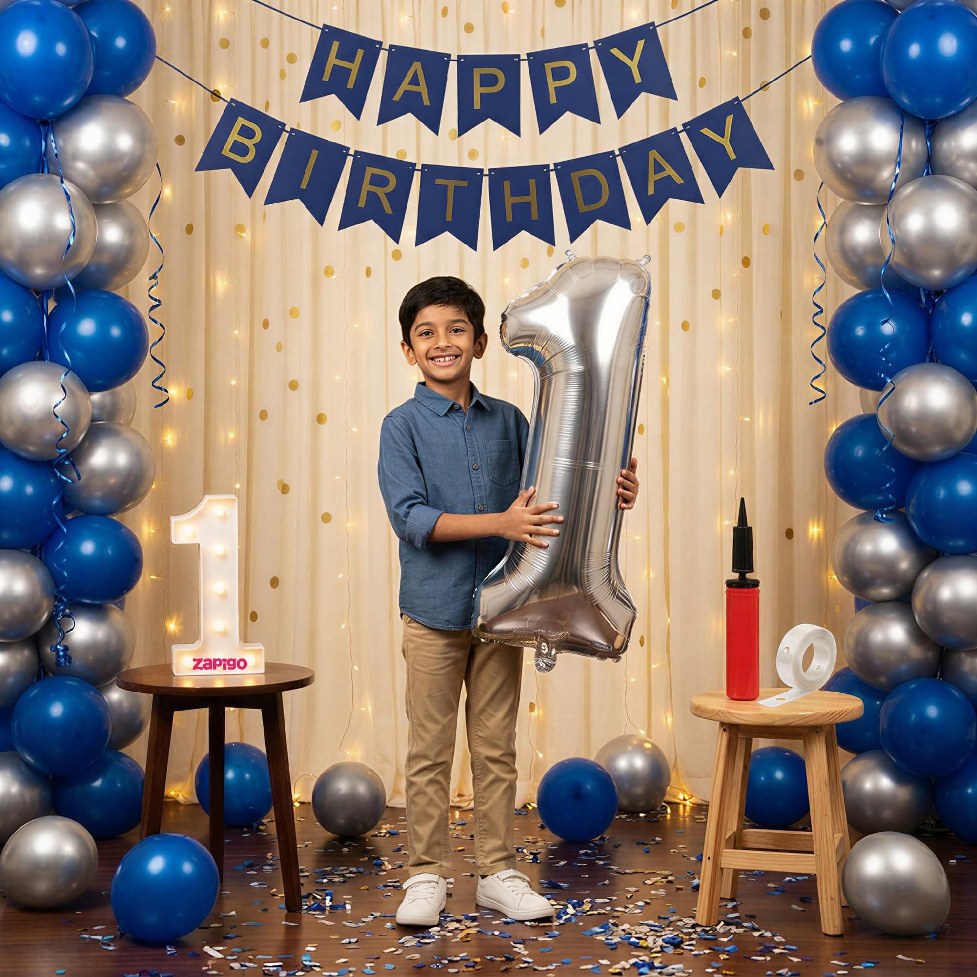 Balloonistics 1st Birthday Decoration Combo Kit - 40 Inch Silver Foil Number Balloon, LED Marquee Light, Silver & Blue Balloons, Happy Birthday Banner, Balloon Pump & Glue Dots