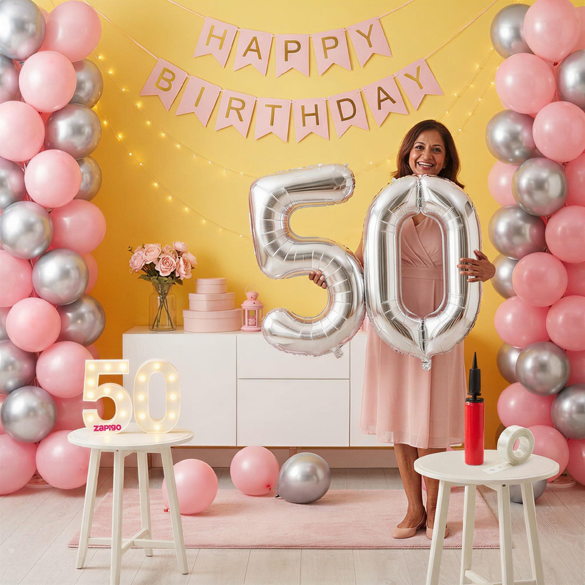 Balloonistics 50th Birthday Decoration Combo Kit - 40 Inch Silver Foil Number Balloon, LED Marquee Light, 50 Silver & Pink Balloons, Happy Birthday Banner, Balloon Pump & Glue Dots