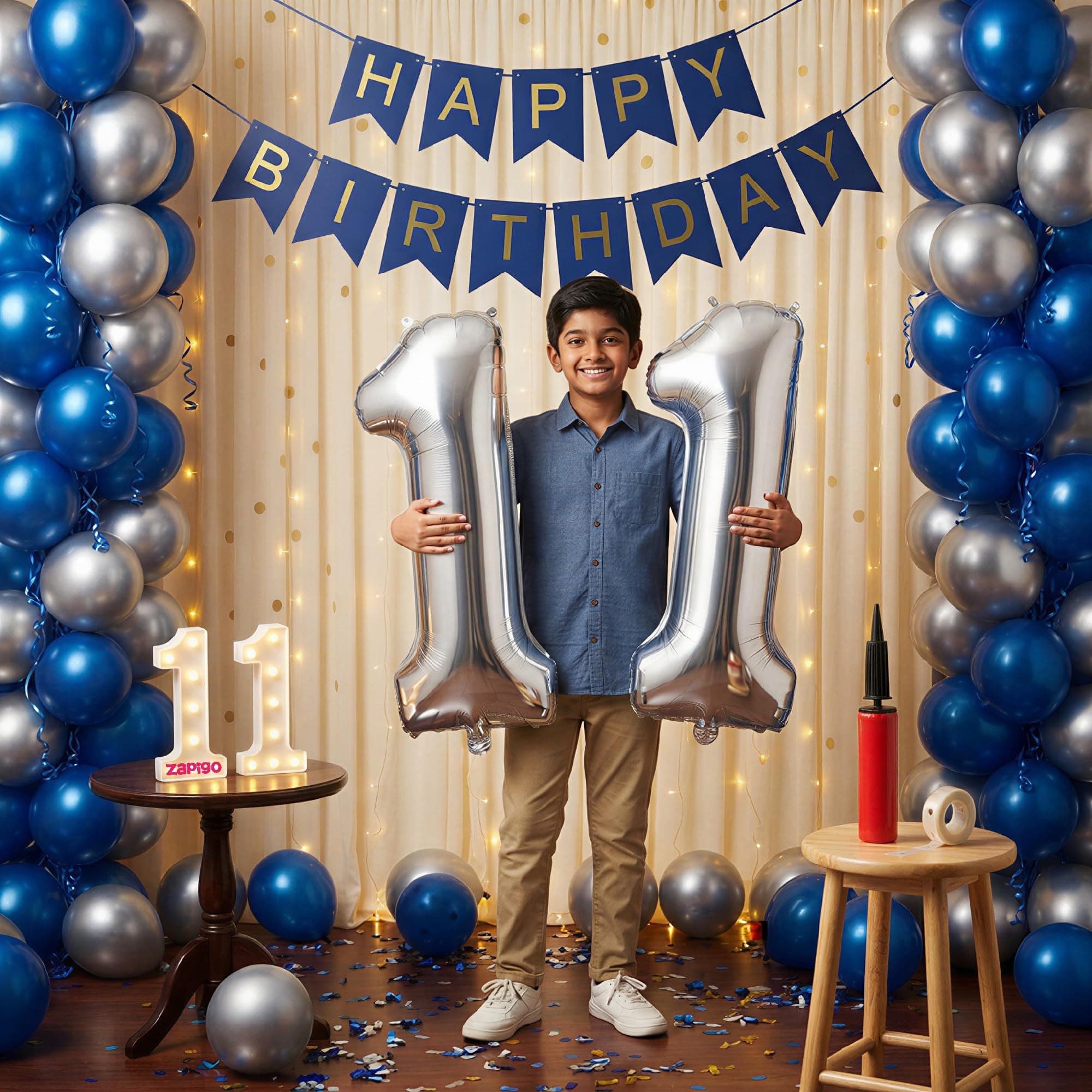 Balloonistics 11th Birthday Decoration Combo Kit - 40 Inch Silver Foil Number Balloon, LED Marquee Light, 50 Silver & Blue Balloons, Happy Birthday Banner, Balloon Pump & Glue Dots thumbnail 1