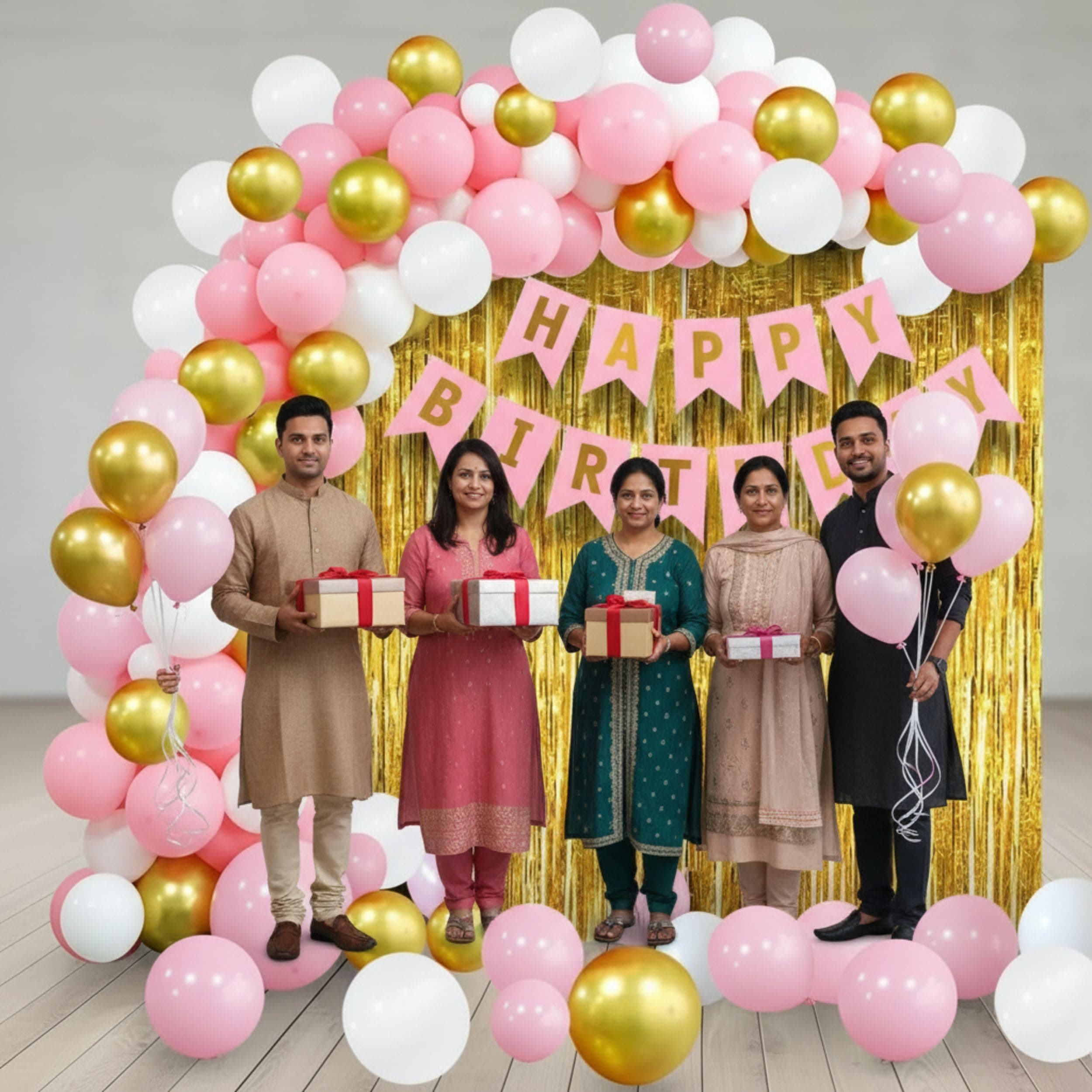Balloonistics 93 Pcs Pink & Gold Birthday Decoration Kit for Girls & Women – Includes Happy Birthday Banner, 2 Gold Fringe Curtains, Pink Metallic Balloons & Arch Tools thumbnail 4