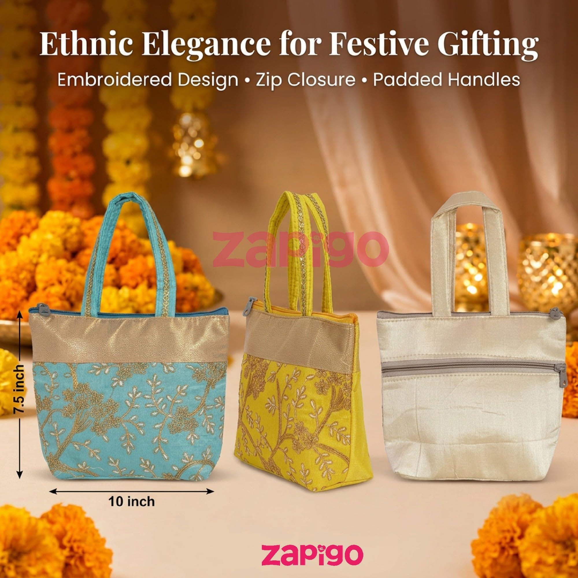 Habba Embroidery Design Hand Bag for Women, Padded Handles, Zip Closure, Compact Ethnic Festive Wedding, Mehendi, Haldi Kumkum, Tamboolam, Shagun, Return Gift Bag for Guests, Pack of 5 thumbnail 2