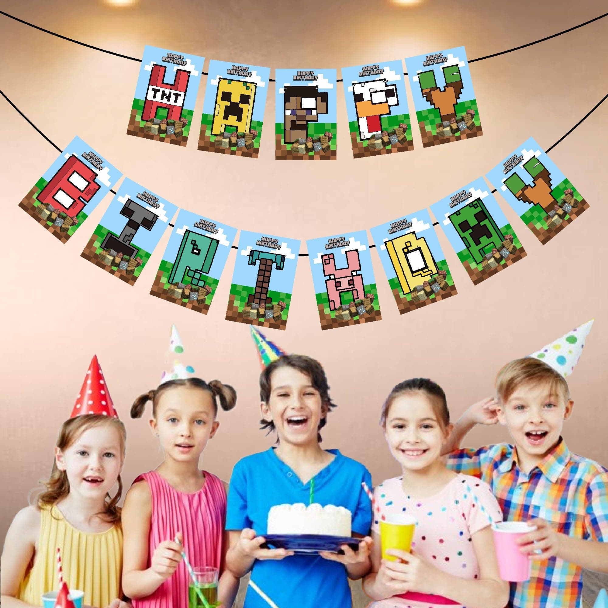 Balloonistics Mines & Craft Theme Happy Birthday Banner Cardstock Pixel Mine Design for Birthday Decoration Backdrop with Ribbon (Happy Birthday Banner) thumbnail 3