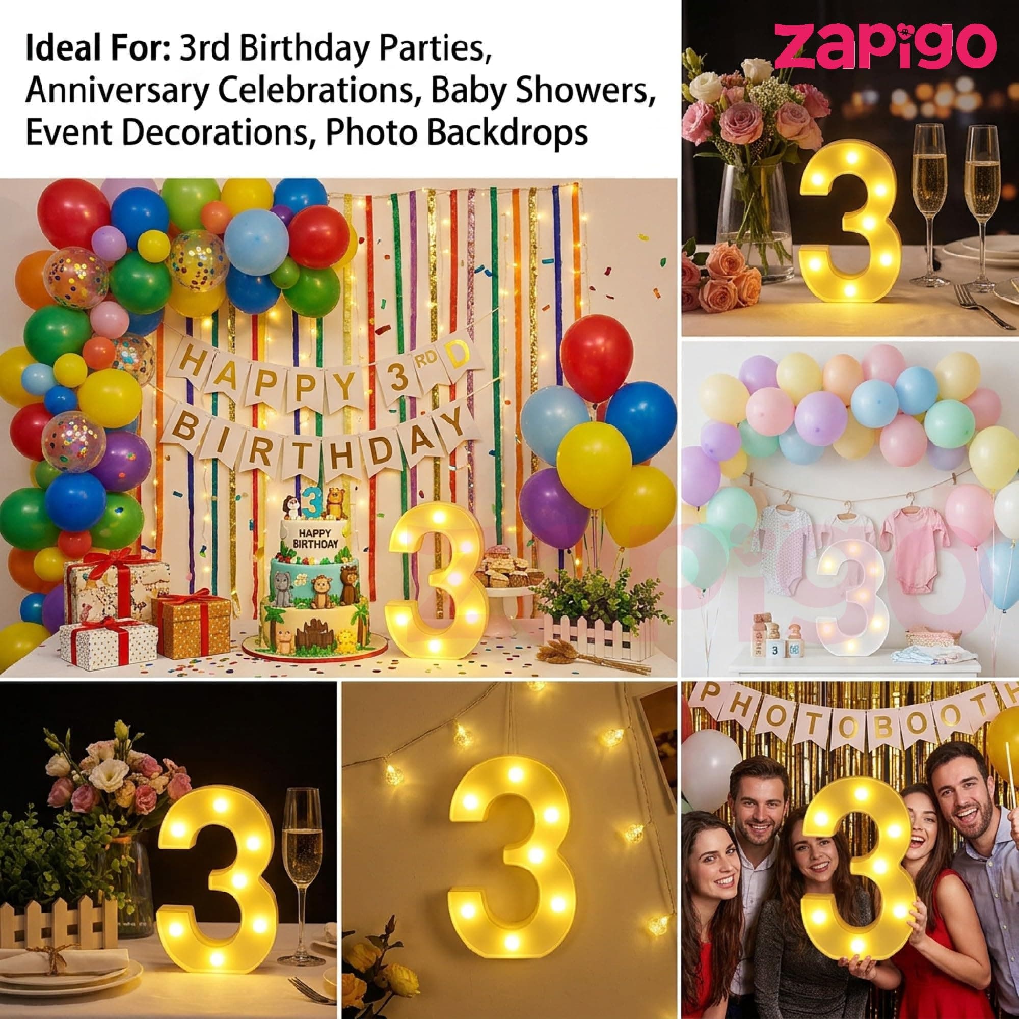 Balloonistics LED Marquee Number 3 Light - 9-Inch Cordless Battery-Operated Warm White Light Up Number Sign for 3rd Birthday, Anniversary, Wedding, Party Decoration, Photo Booth Backdrop thumbnail 6