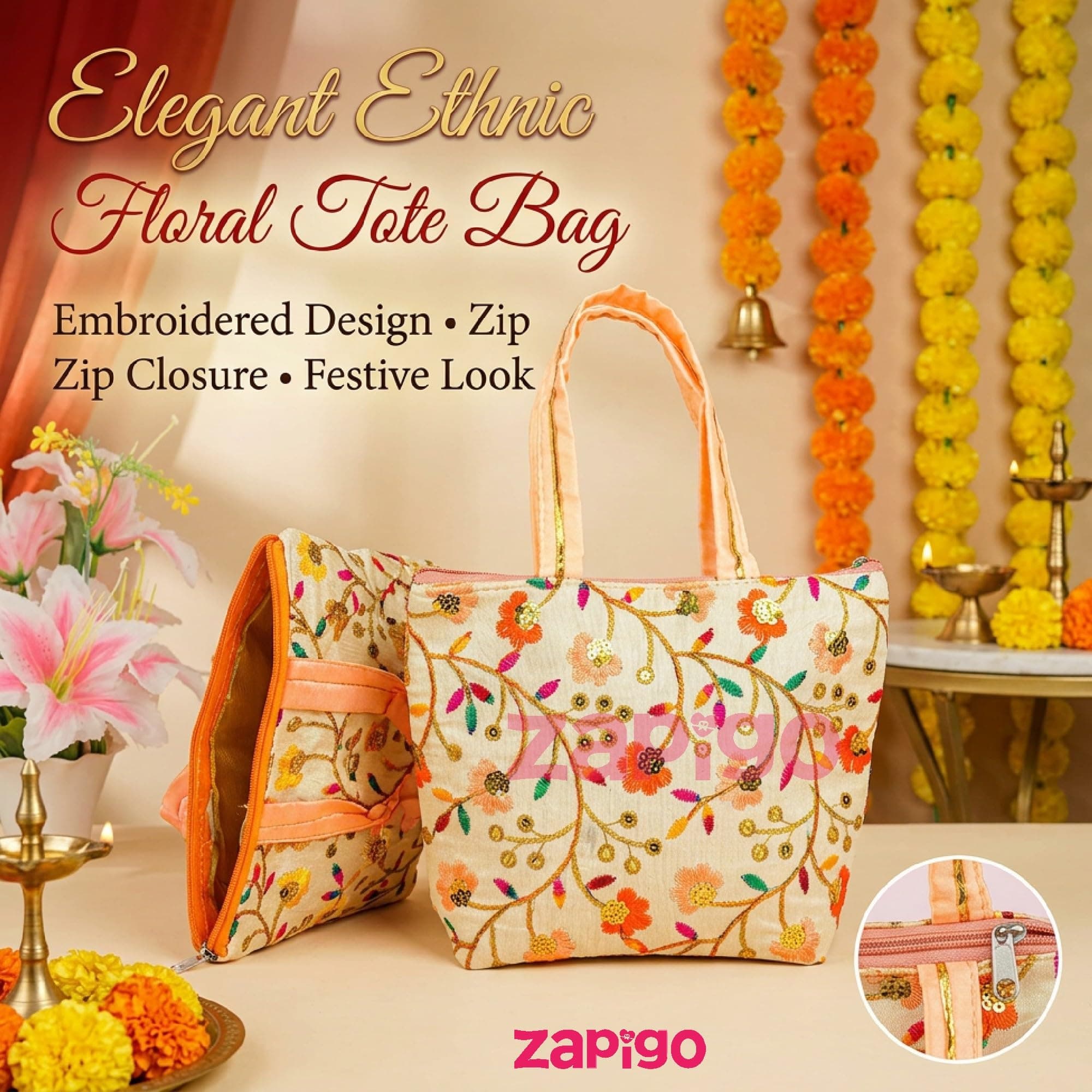 Habba Embroidered Floral Tote Bag for Women, Zip Closure Compact Ethnic Festive Wedding, Mehendi, Haldi, Navratri, Diwali, Baby Shower, Gruhapravesam Return Gift Bag, Pack of 10 thumbnail 2