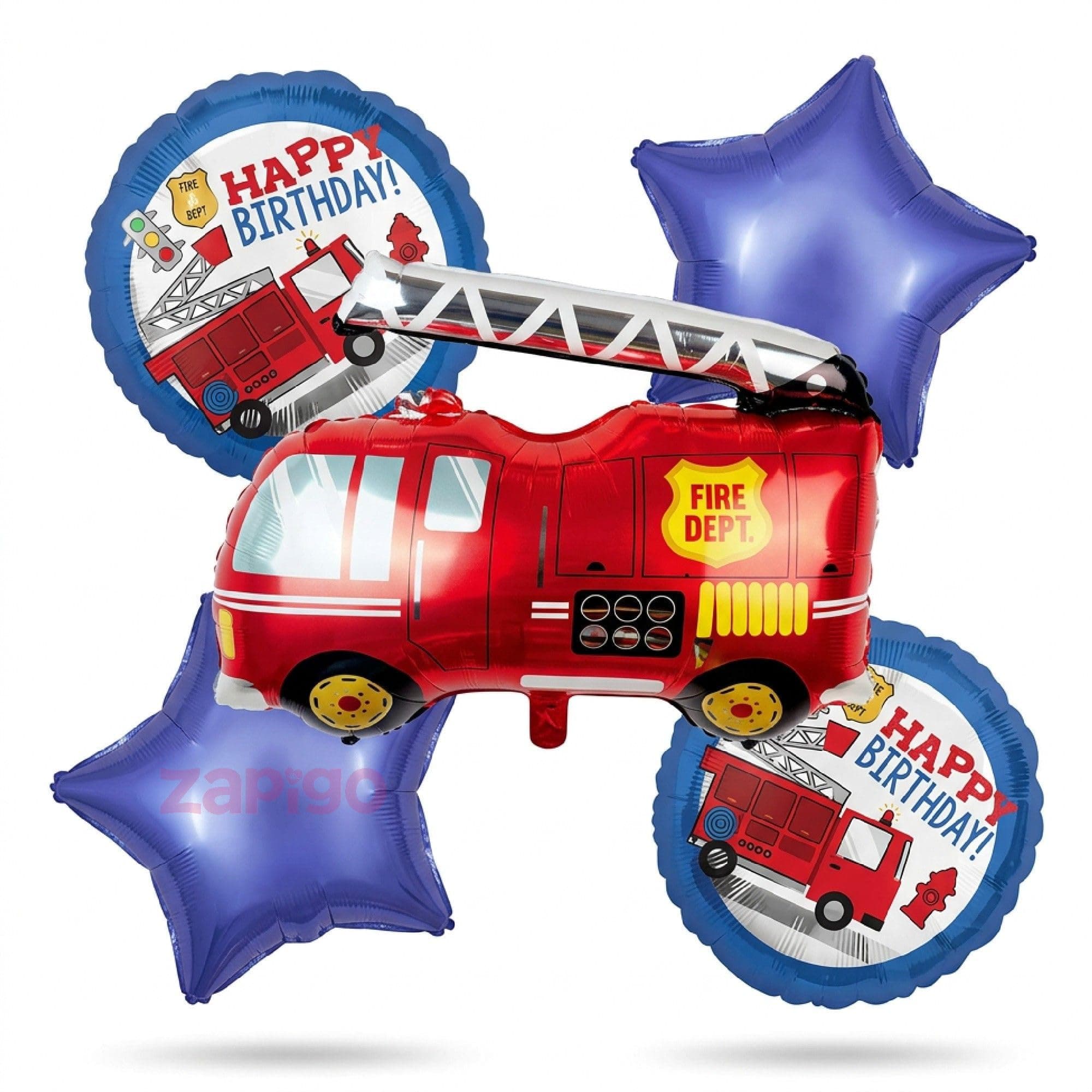 Balloonistics Firetruck Theme Happy Birthday Balloon Bouquet Pack Of 5 thumbnail 1