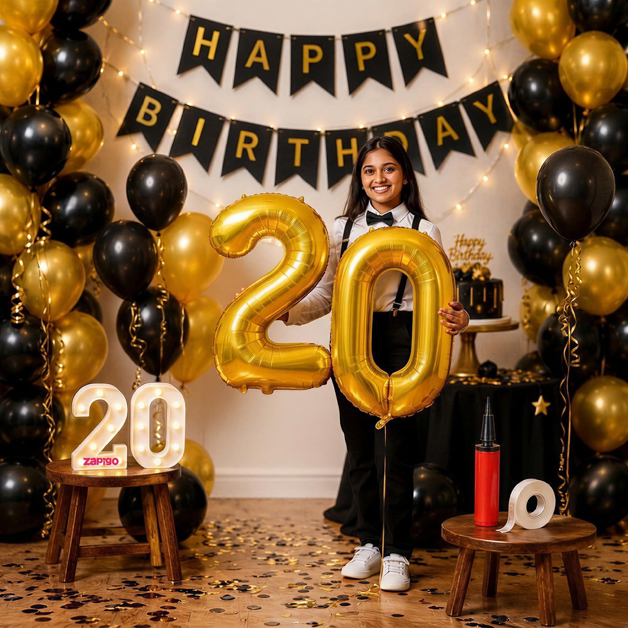 Balloonistics 20th Birthday Decoration Combo Kit - 40 Inch Gold Foil Number Balloon, LED Marquee Light, 50 Black & Gold Balloons, Happy Birthday Banner, Balloon Pump & Glue Dots thumbnail 1