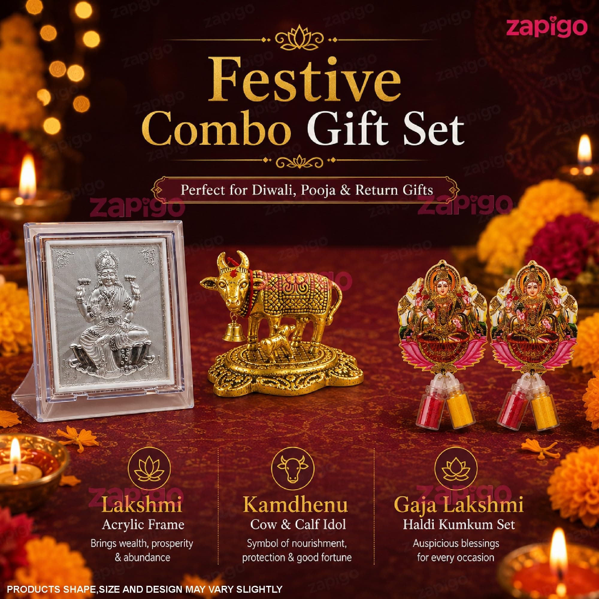 Habba Lakshmi Frame with Silver-Finish Stand, Lakshmi Kumkum Set & Gold Cow Statue, Traditional Haldi Kumkum Tambulam Hamper for Varalakshmi Vratham, Deepavali & Weddings, Pack of 5 thumbnail 2