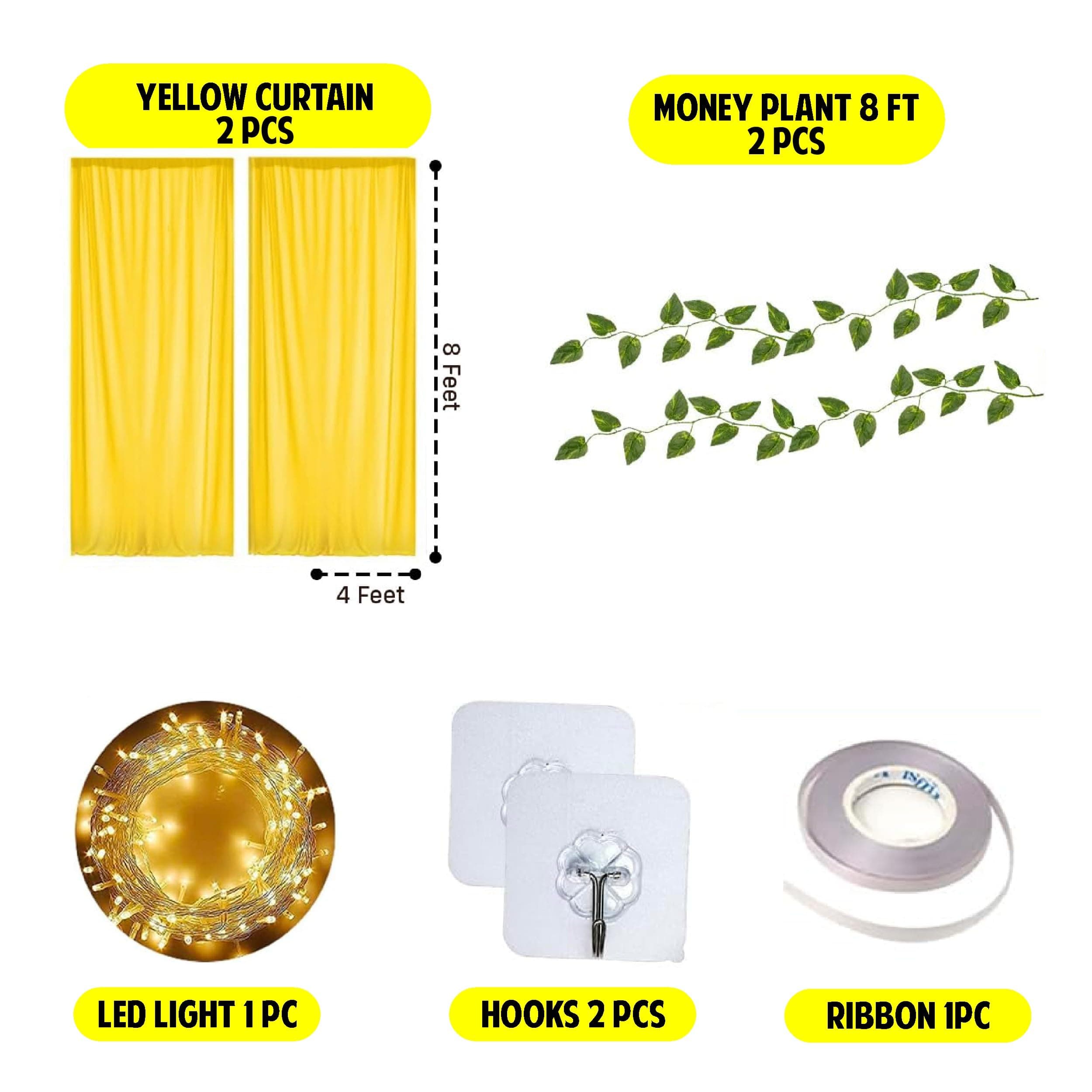 Balloonistics 8 Pcs Haldi Backdrop Decoration Kit – Vibrant Yellow Net Curtains with Money Plant Vines, Hooks & Ribbon – DIY Home Celebration Set for Haldi, Mehendi & Pooja thumbnail 3