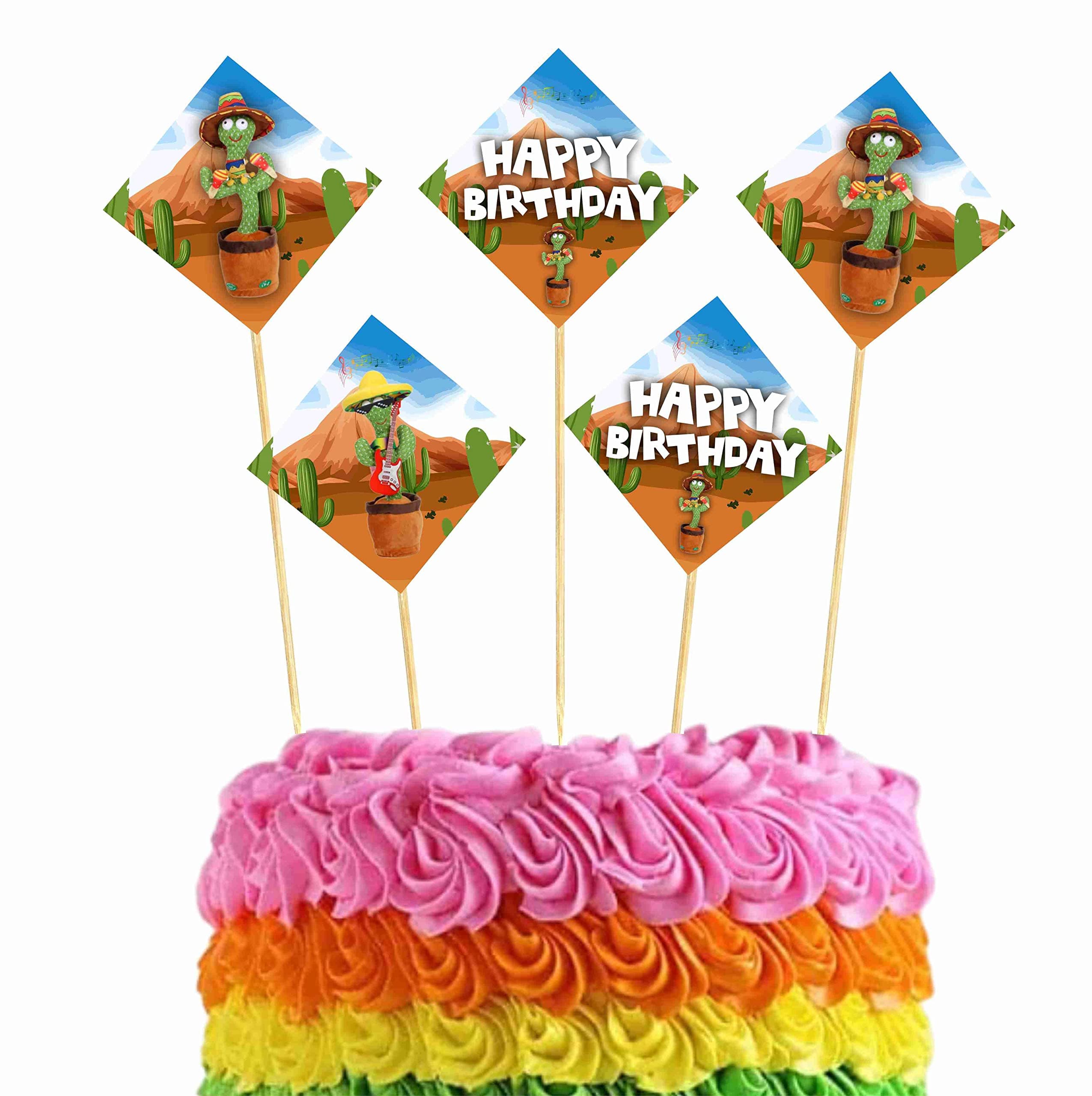 Balloonistics Talking Cactus Happy Birthday Cake Toppers - Pack of 10 Large Double-Sided Cardstock Cake Picks - Dancing Cactus Theme Party Decorations, High-Gloss Dessert Toppers thumbnail 1