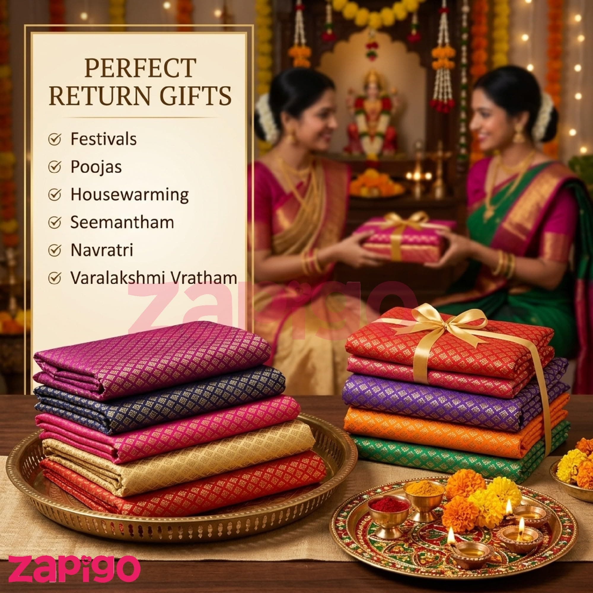 Habba Blouse Piece Set for Women, Silk Blend Fabric, Traditional Haldi Kumkum & Tambulam Return Gift for Weddings, Festivals, Varalakshmi Vratham, Navratri, Housewarming, Baby Shower - Pack of 5 thumbnail 6