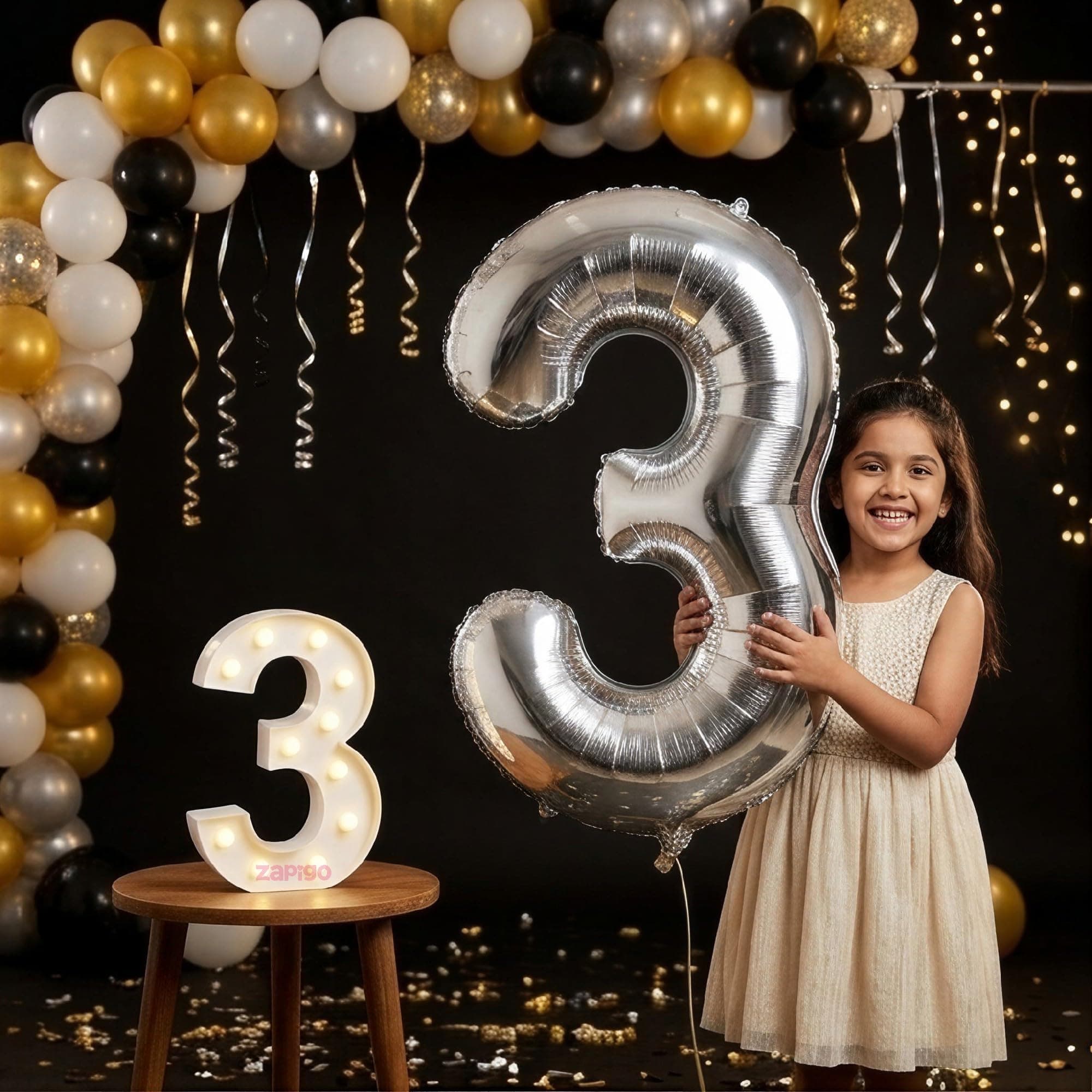 Balloonistics Silver 40-Inch Foil Number 3 Balloon with Matching LED Marquee Light - Combo Set for 3rd Birthday, Anniversary, Party Decoration, Photo Booth Backdrop, Cake Table Decor thumbnail 1
