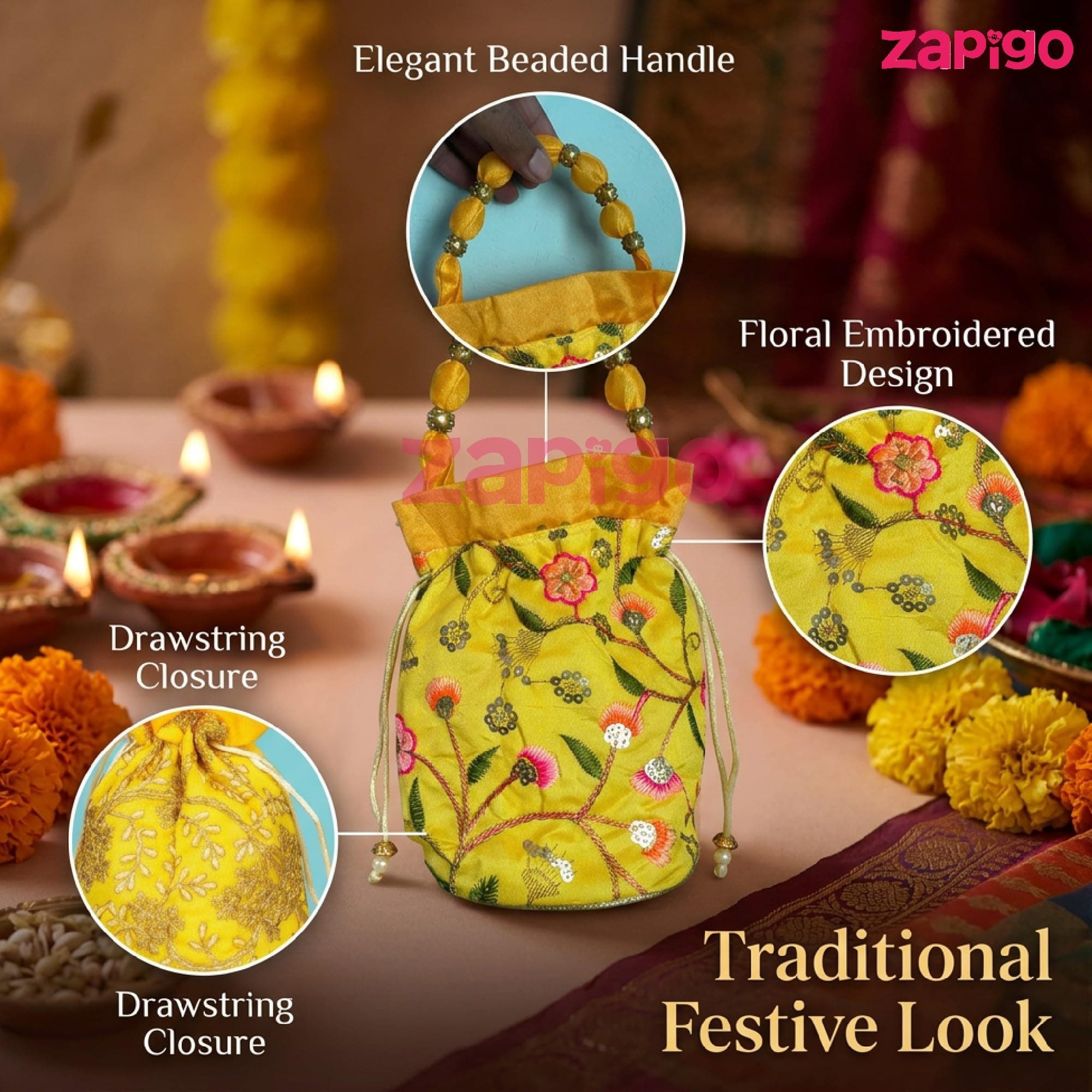 Habba Embroidered Potli Bag with Handle, Drawstring Closure, Compact Ethnic Festive Shagun & Return Gift Bag for Women, Weddings, Mehendi, Engagement, Diwali, Navratri, Baby Shower, Pack of 10 thumbnail 2