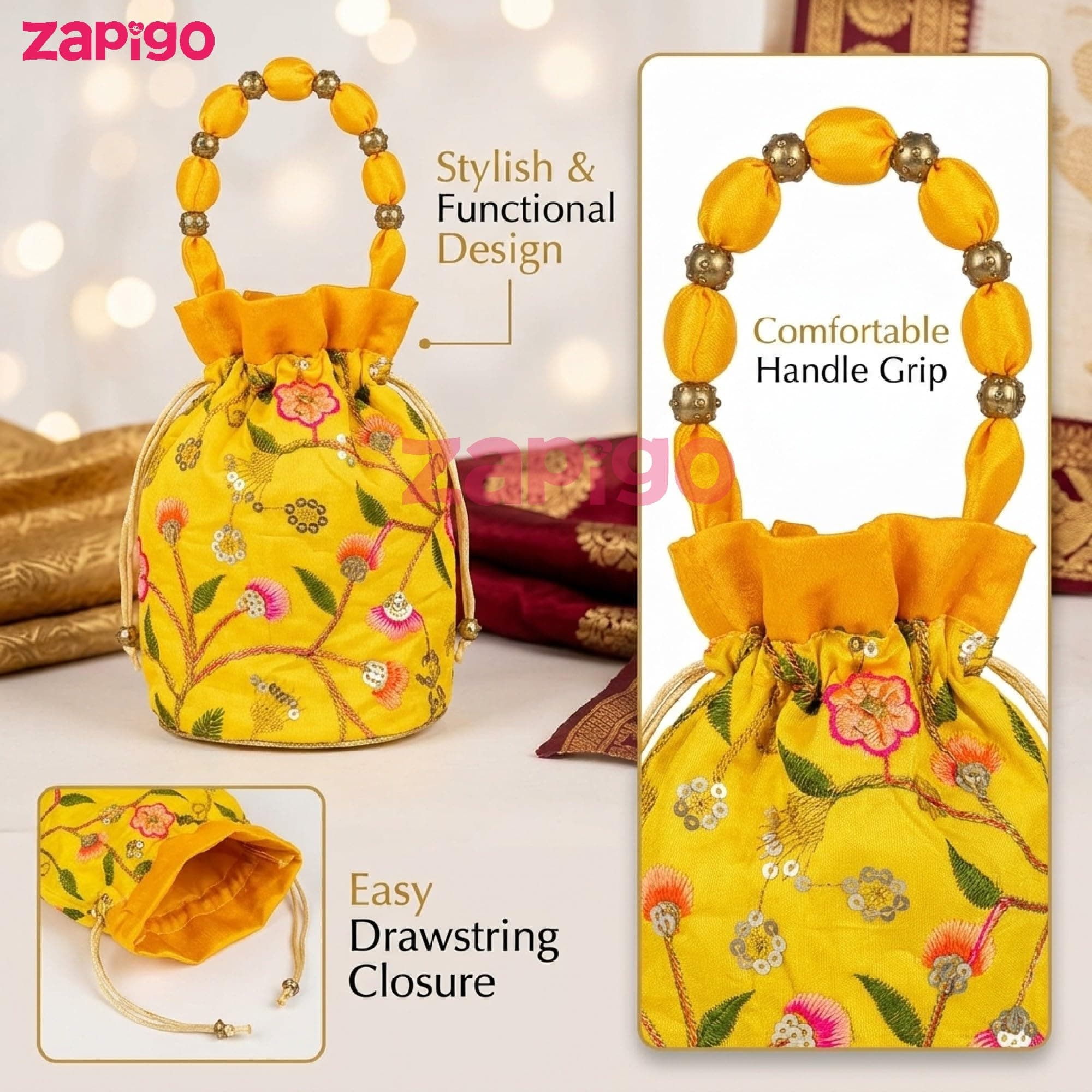 Habba Embroidered Potli Bag with Handle, Drawstring Closure, Compact Ethnic Festive Shagun & Return Gift Bag for Women, Weddings, Mehendi, Haldi Kumkum, Diwali, Navratri, Baby Showers, Pack of 5 thumbnail 5