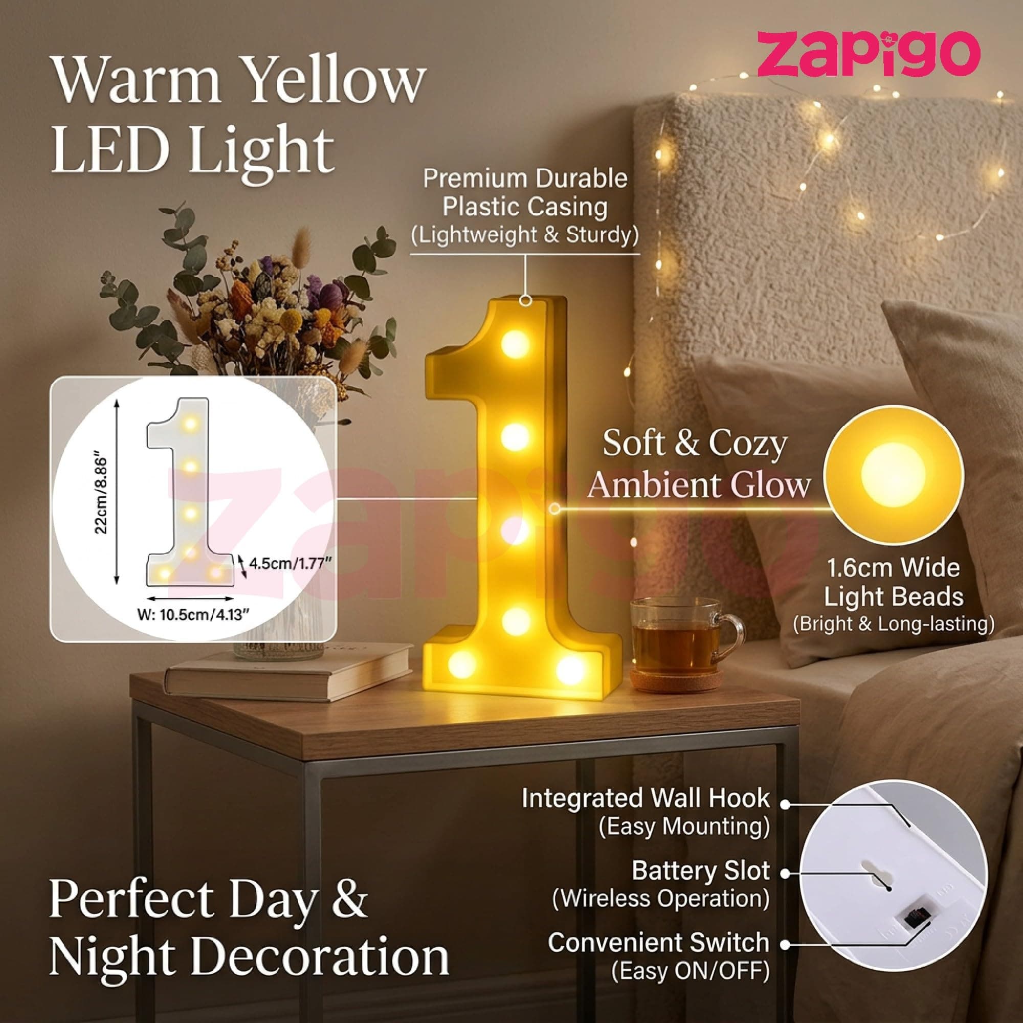 Balloonistics Warm White LED Marquee Number 1 Light - 9-Inch Cordless Battery-Operated Night Light - Standing Sign for First Birthday, Anniversary, Wedding & Home Decor (Number 1) thumbnail 3